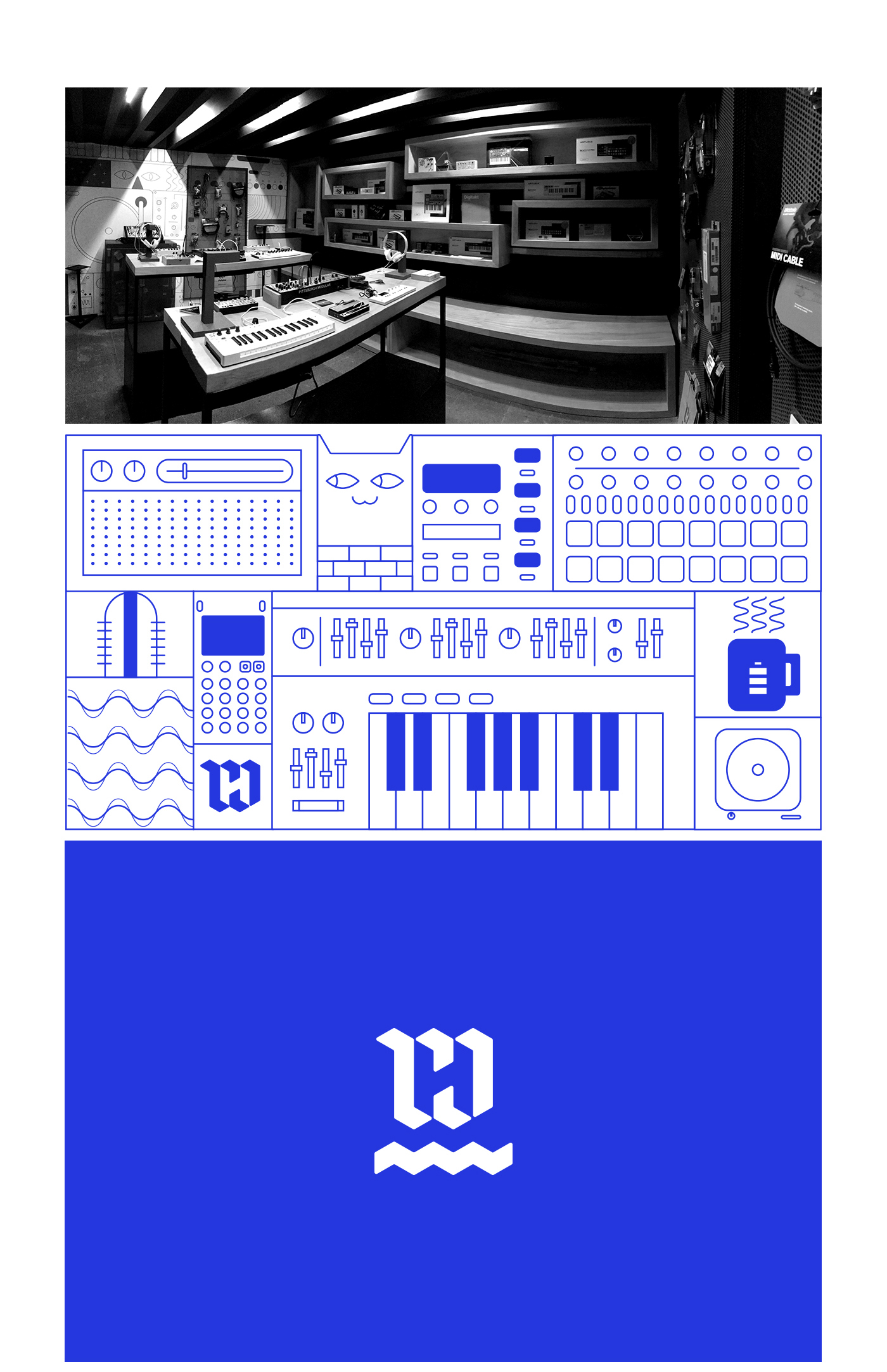 music store synthesizer Logotype electronic music music monogram mexico