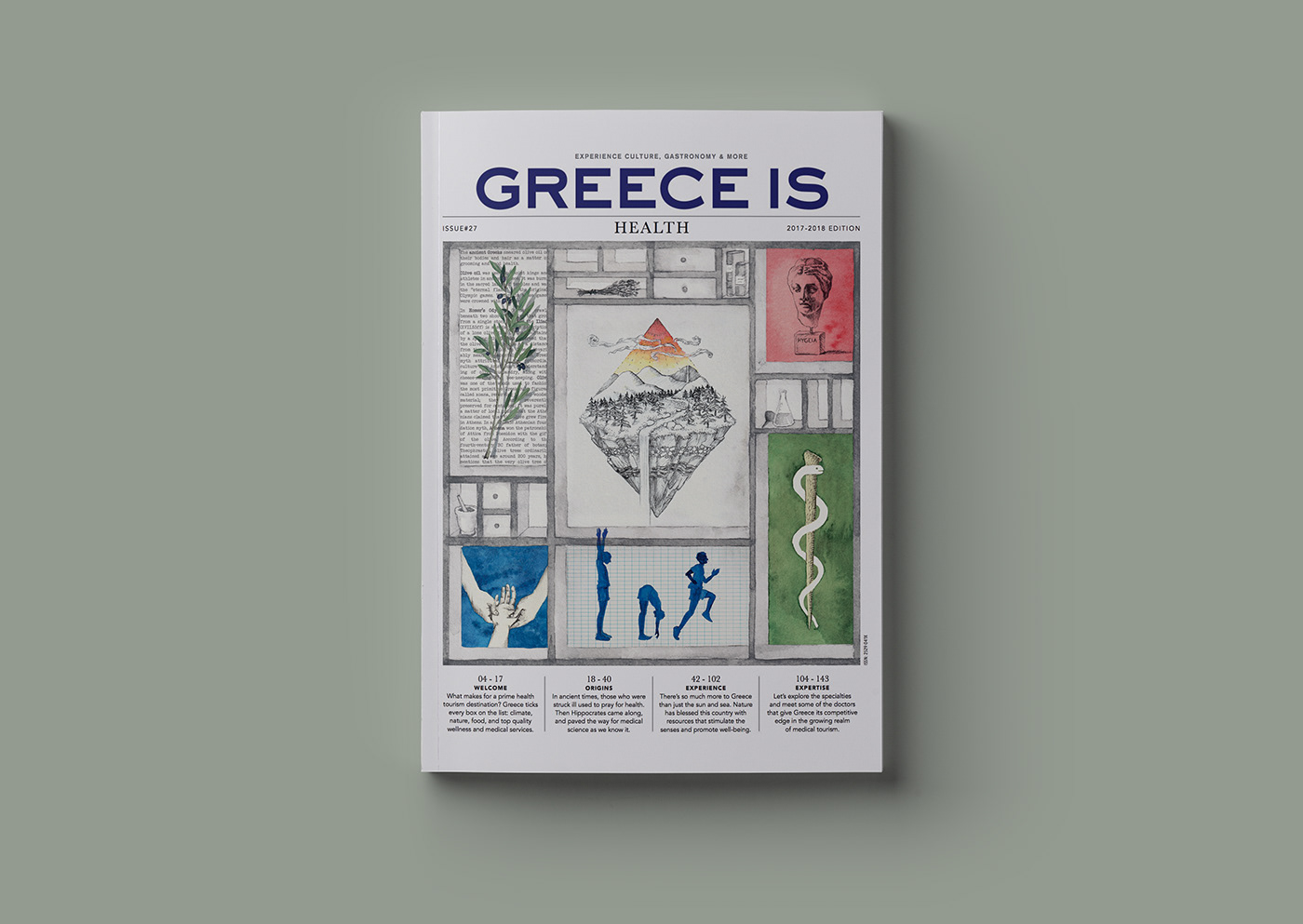 cover ILLUSTRATION  magazine bookcase Greece Is medicine 4 elements Health Hygeia Asclepius