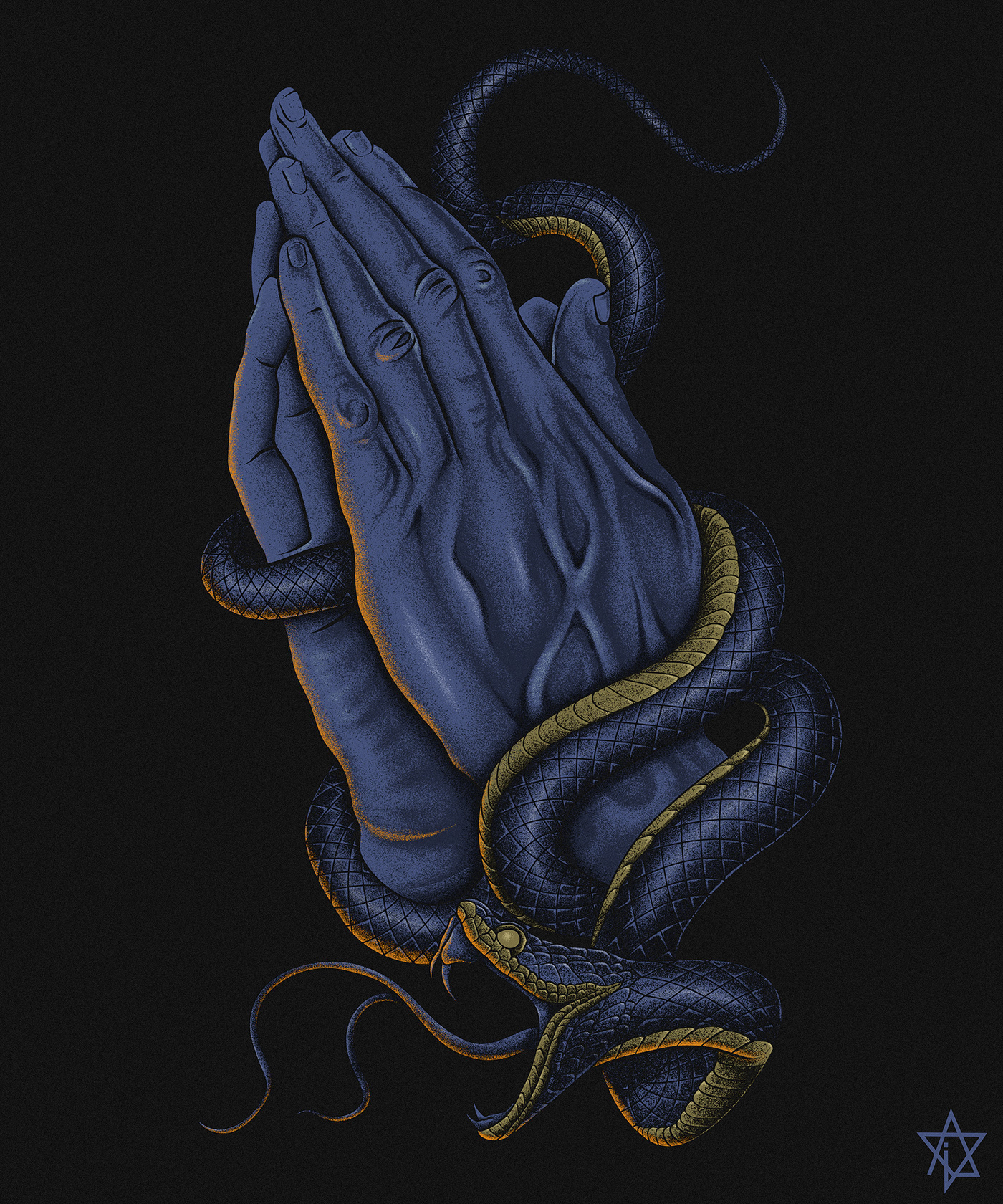 snake praying hands faith dark art digital illustration Graphic Designer T-Shirt Design apparel Clothing t-shirt