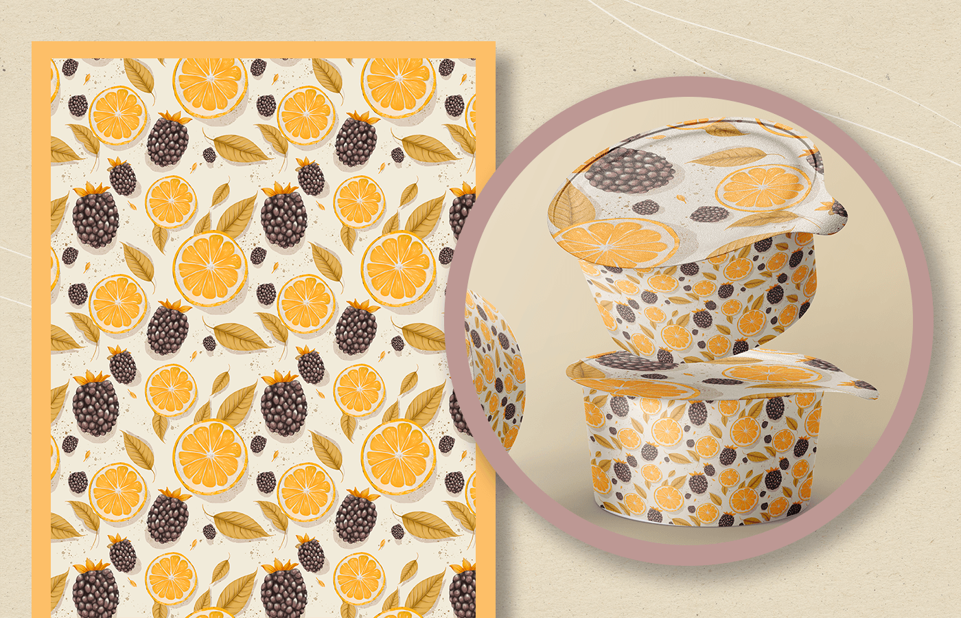 blackberry raspberry Fruit Digital Art  Drawing  surface design pattern textile seamless lemon