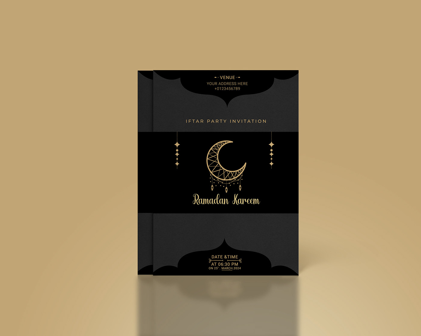 Ramadan party invitation with black background, decorative crescent moon, text "Ramadan Kareem"