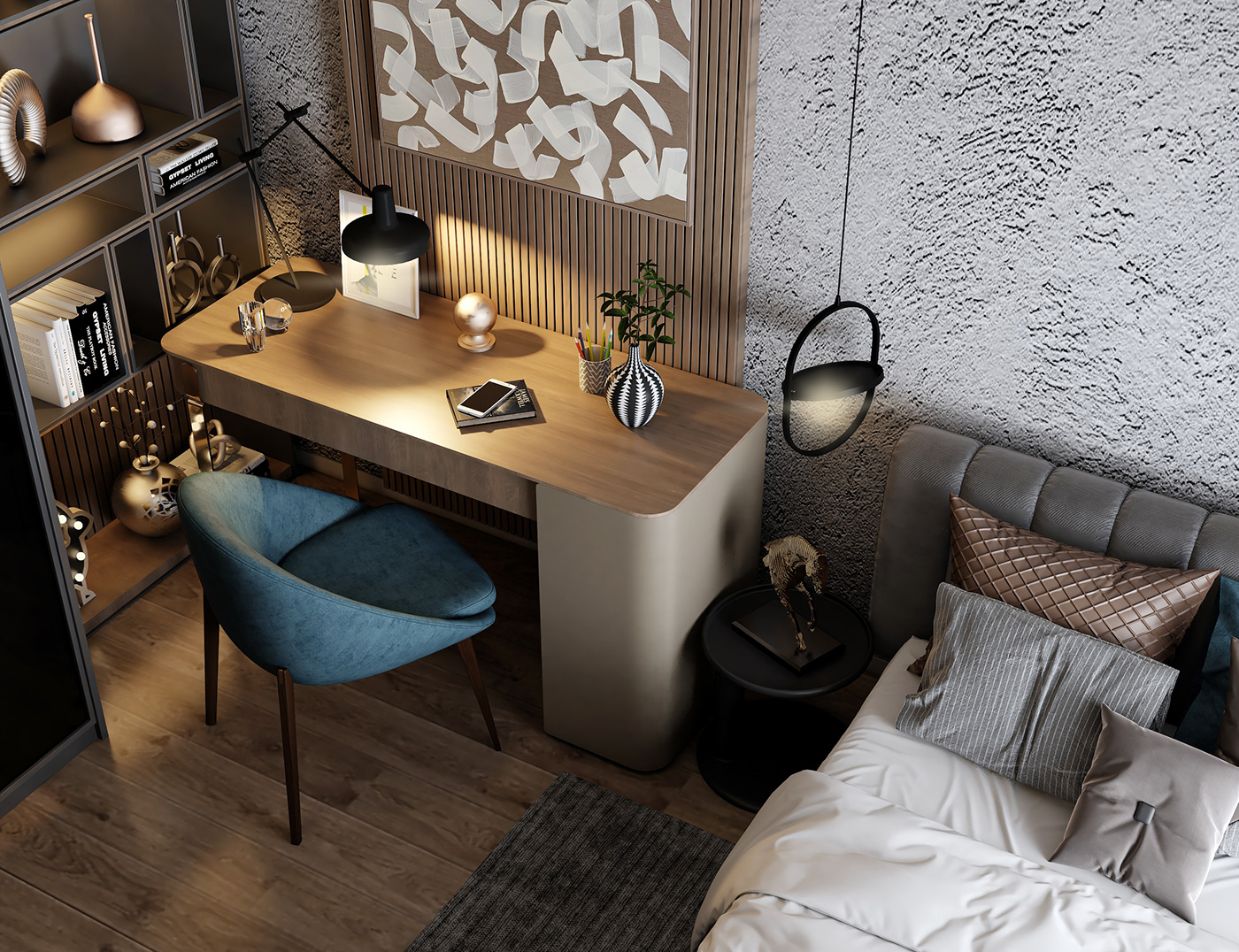 grey bedroom interior design  3ds max Render vray visualization modern teenager blue