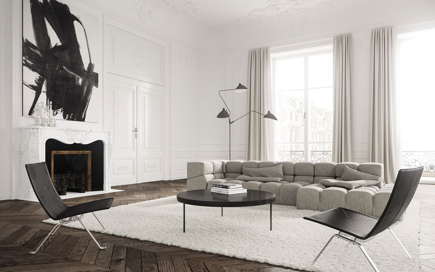 Jessica Vedel apartment Paris Parisian apartment Haussman visualization architectural visualization modern simple White