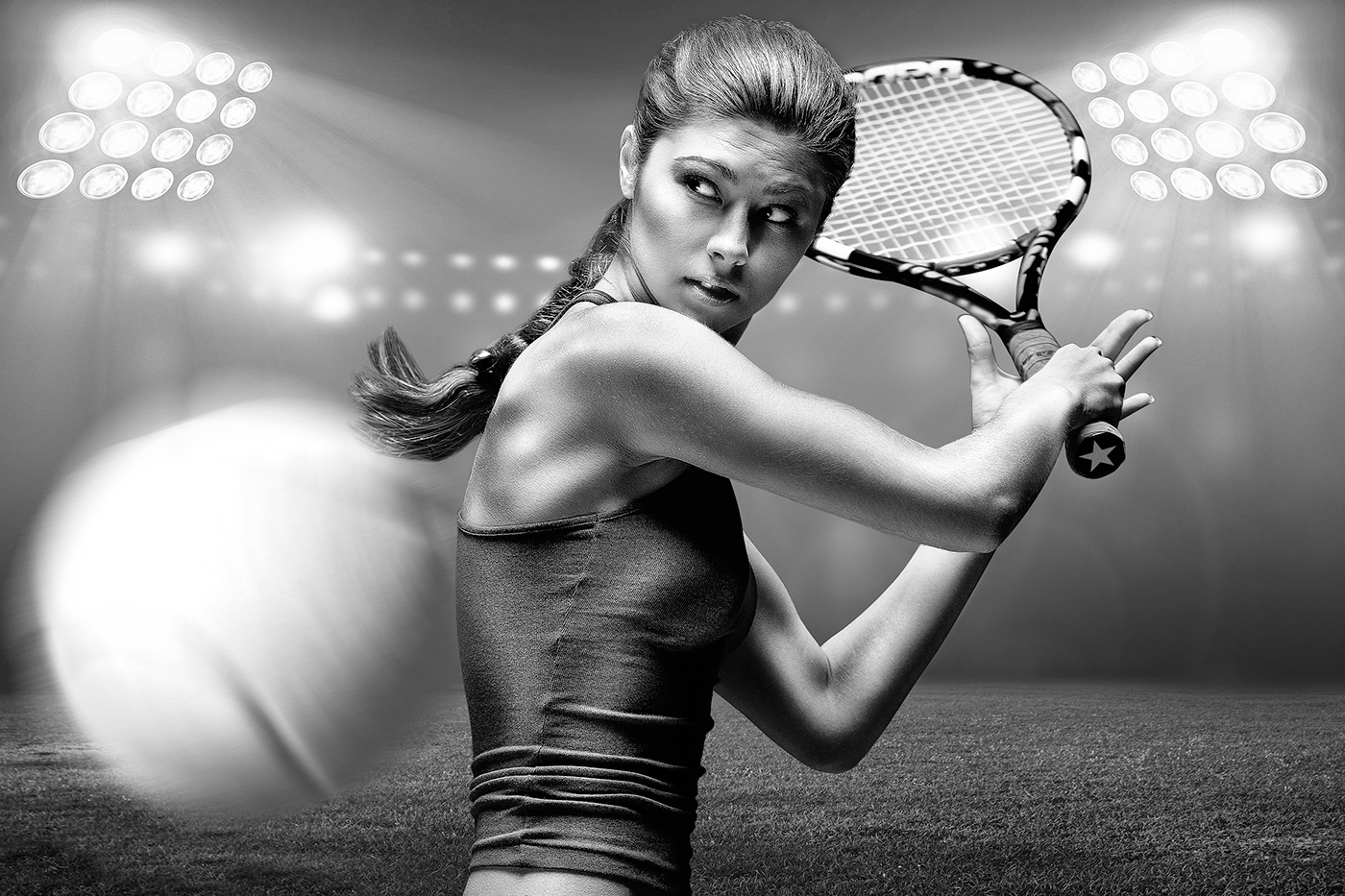 black white portrait compositing girl monochrome photoshop postproduction sports tennis action