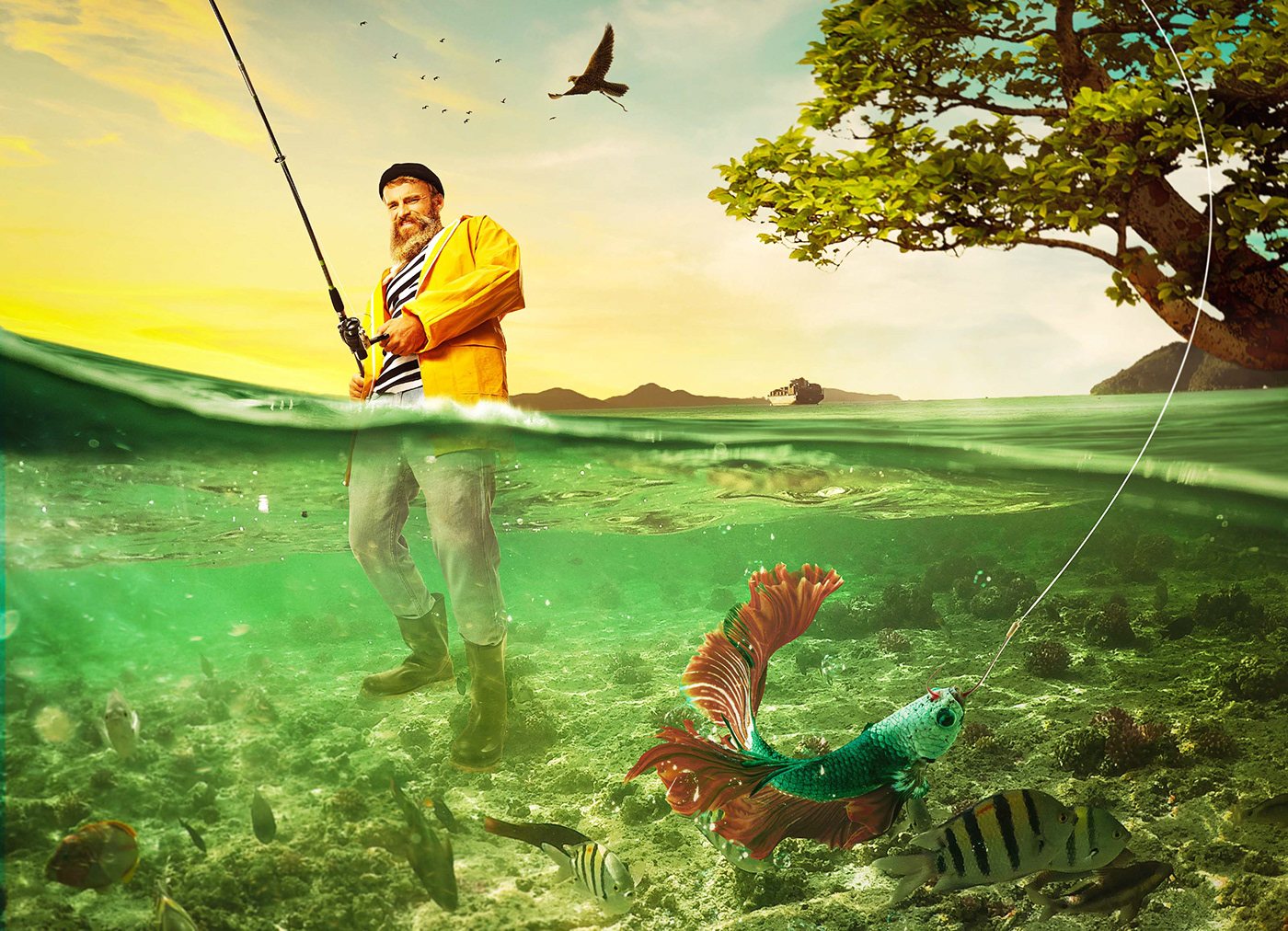 Character design  Digital Art  digital painting Fisherman fishing manipulation photomanipulation sea Stubborn Fish water