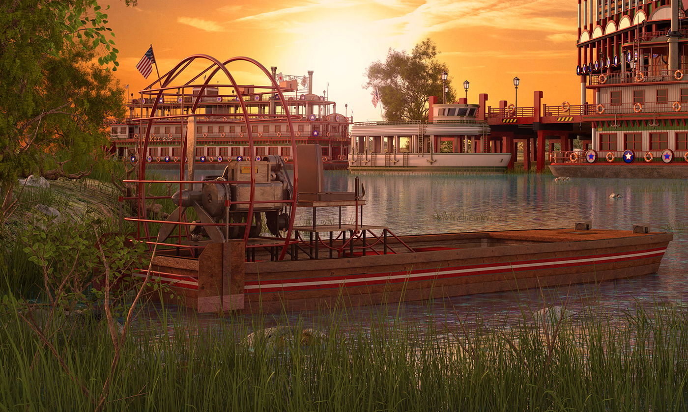 sunset videogame Landscape Render Maya river missisipi usa art