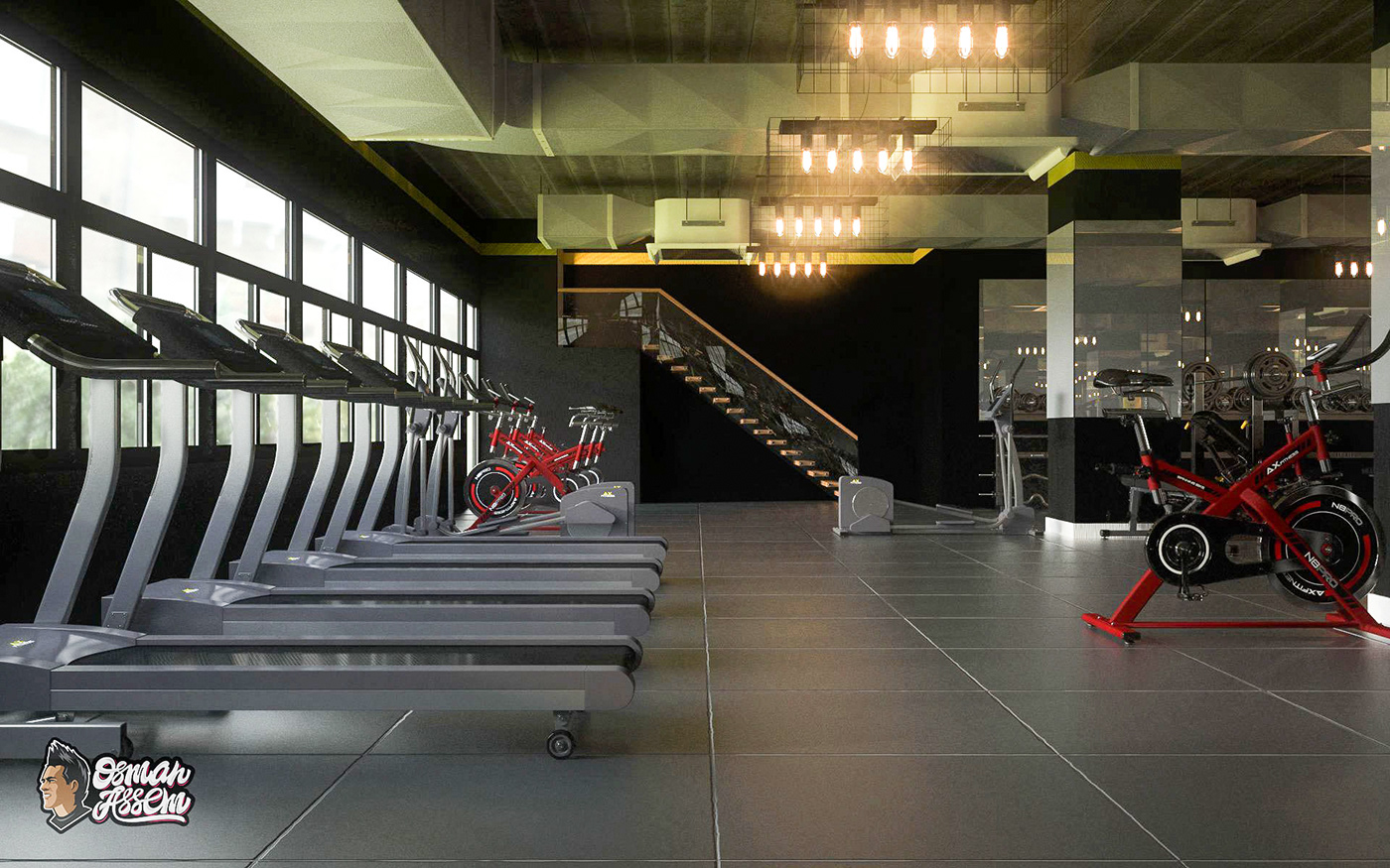3D Interior gym industrial scene workout