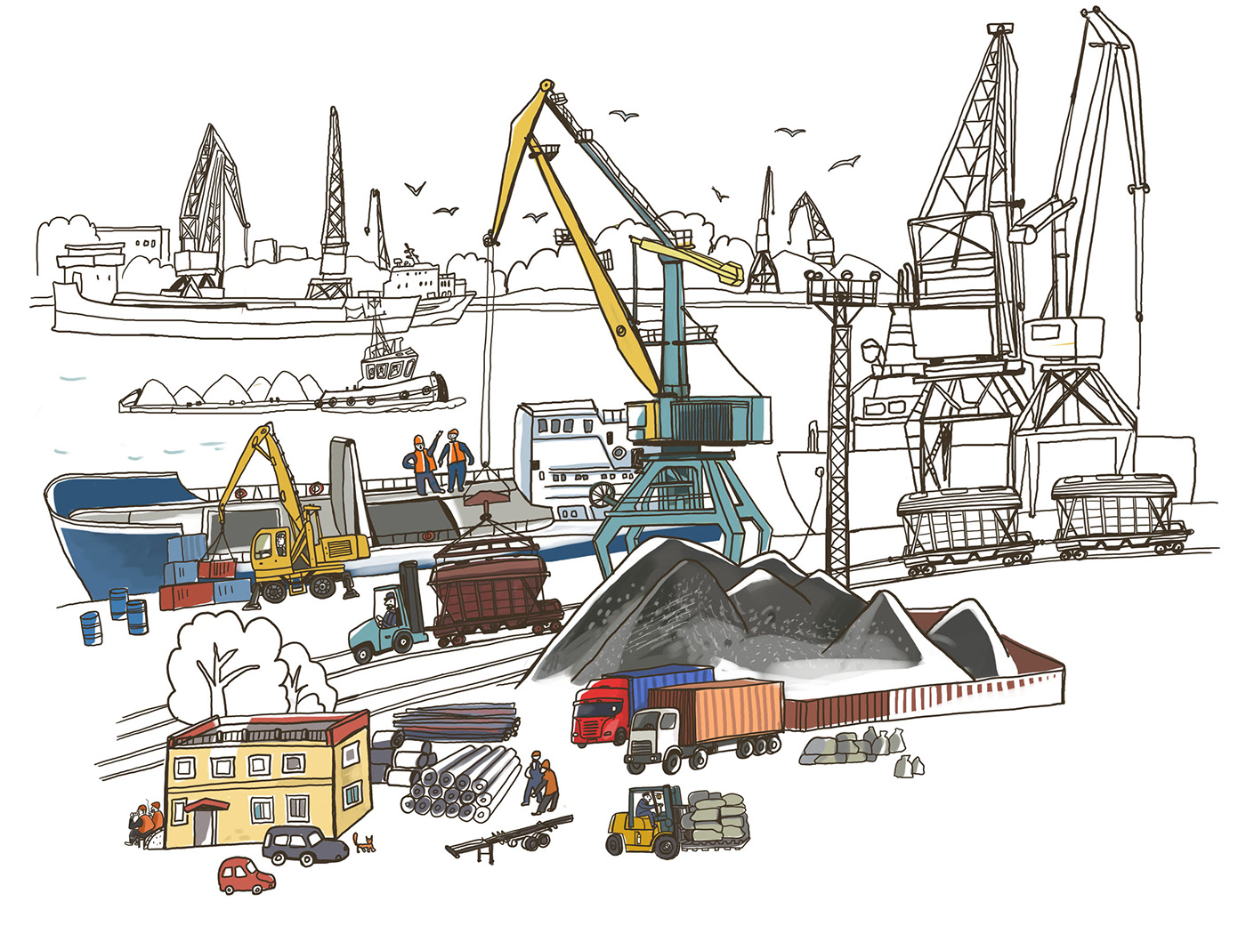 animation  Cargo cranes Drawing  ILLUSTRATION  Loading port ships sketch