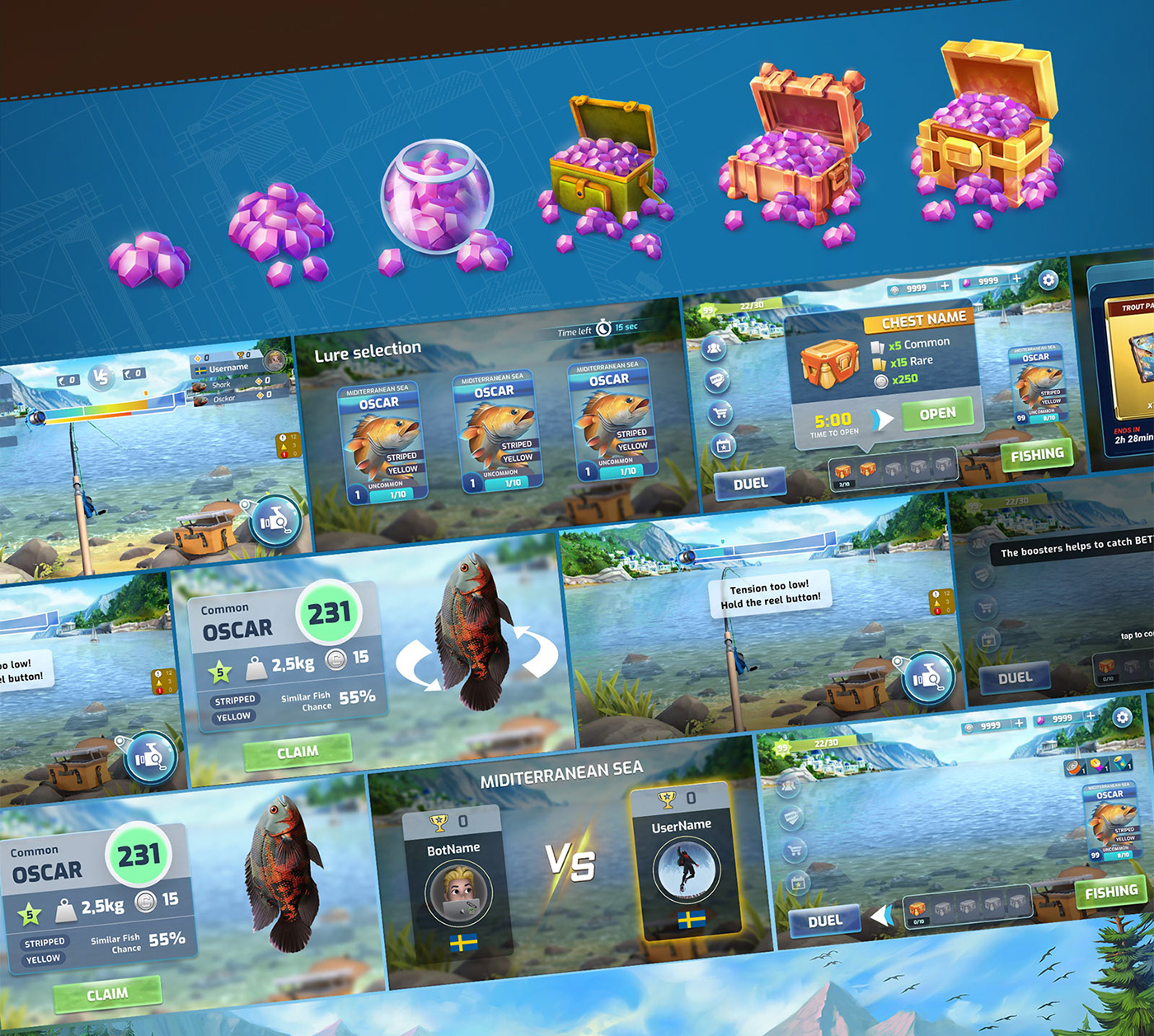 fish fishing fishing game Game Art Game Art Design game design  game ui Games mobile design rival