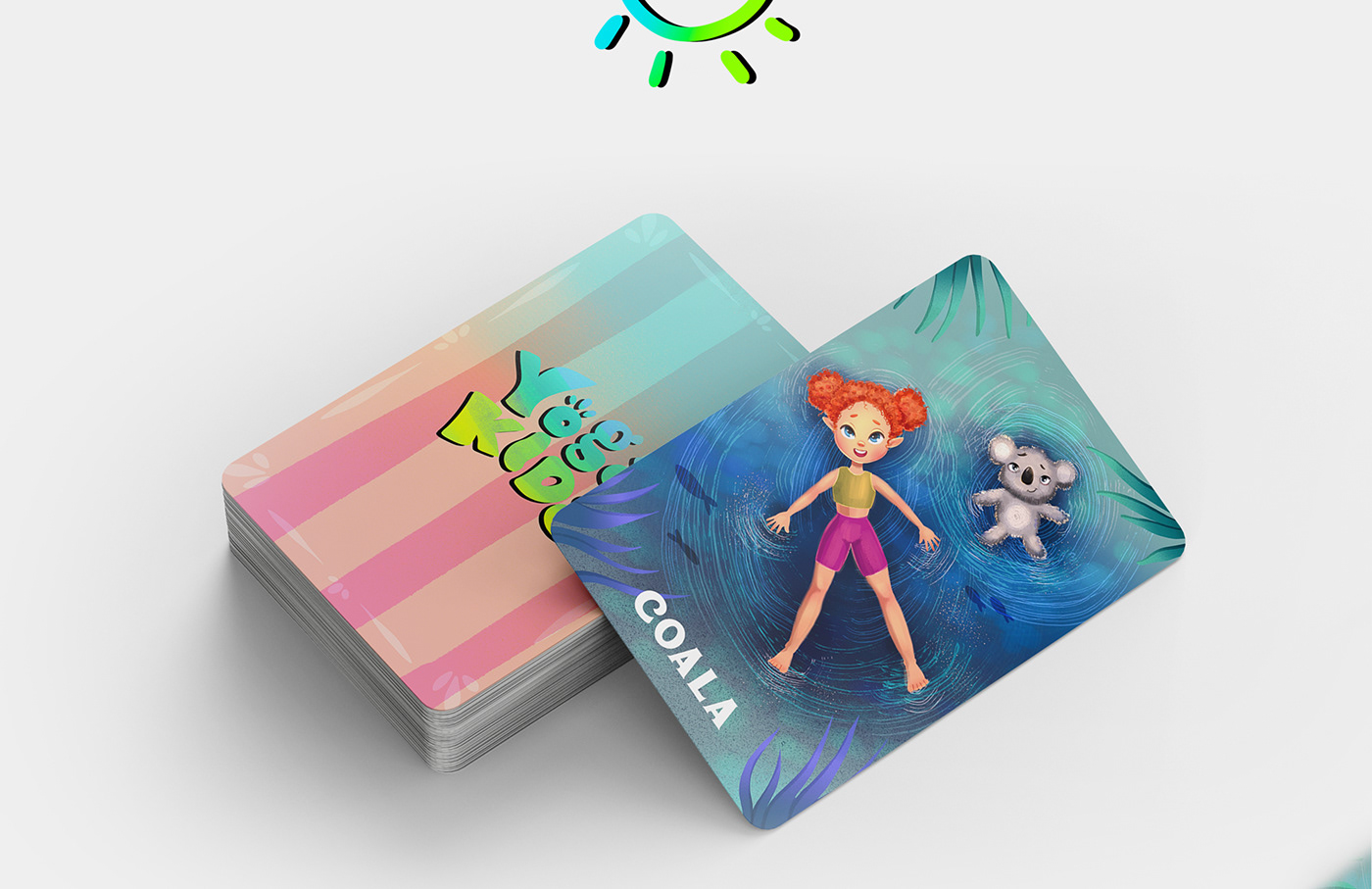 Kid's yoga playing cards. Cartoon, child art, child, boy character, girl character, concept project