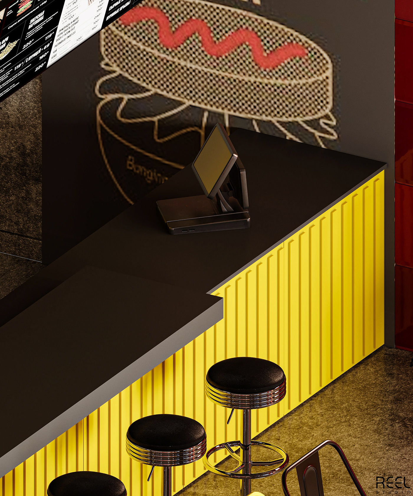 industrial design  cafe resturant Food  yellow industrial 3D visualization industrialcafe red