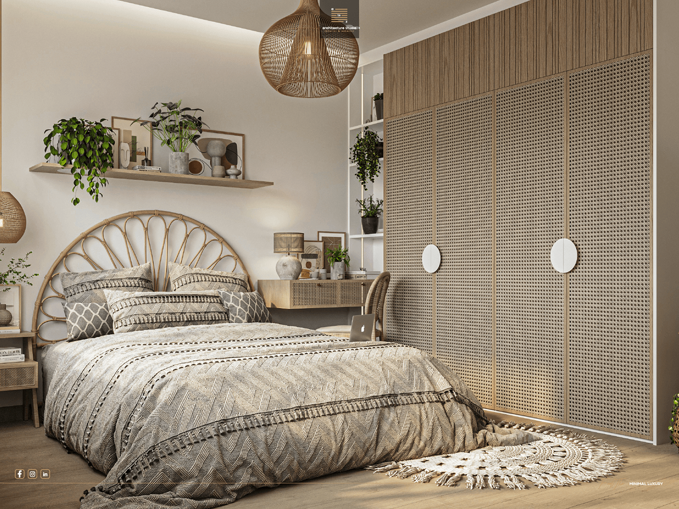 bohemian boho design visualization architecture Render interior design  3ds max corona bedroom