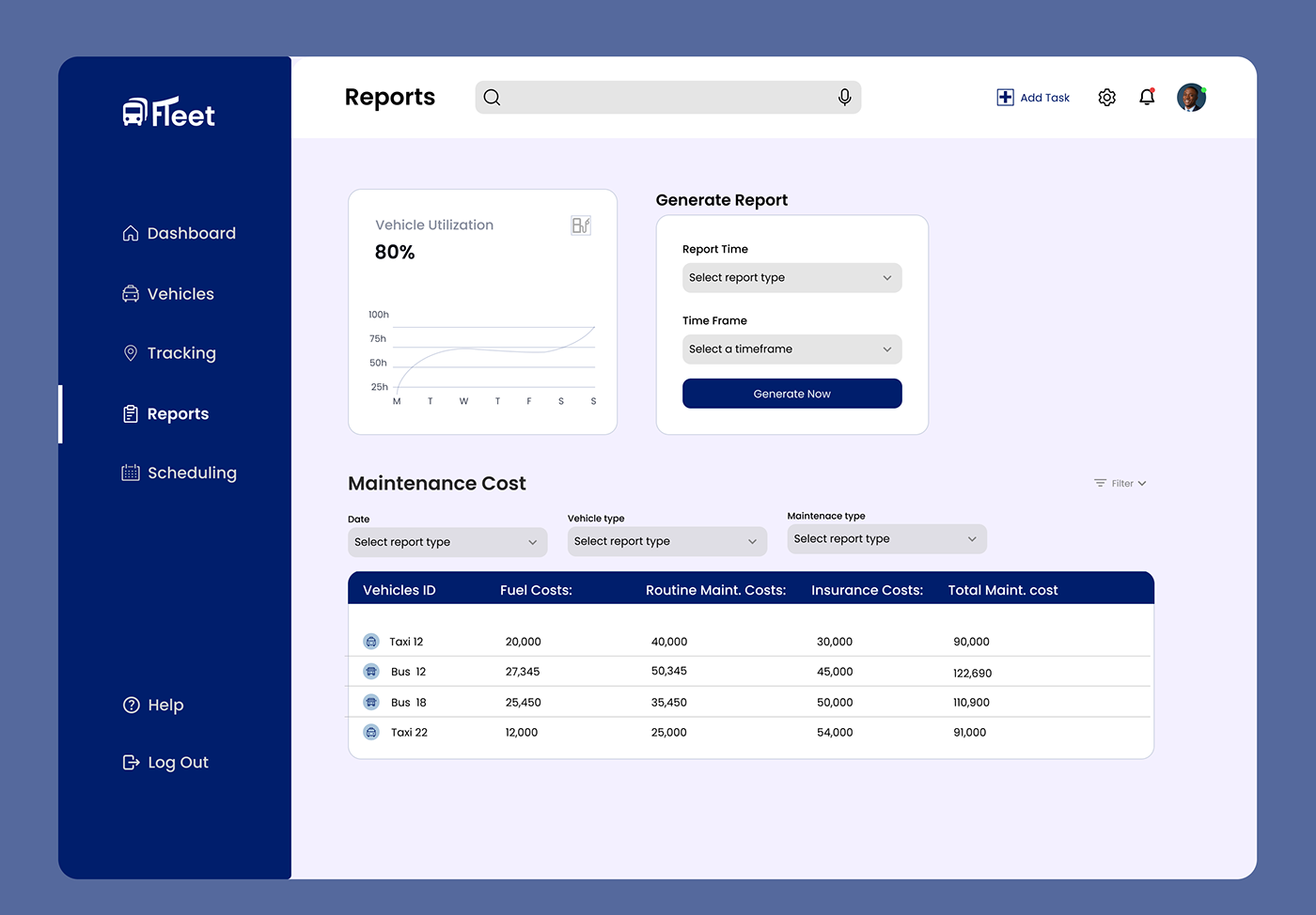 tracking reports scheduling Figma ui design Mockup fleet dashboard