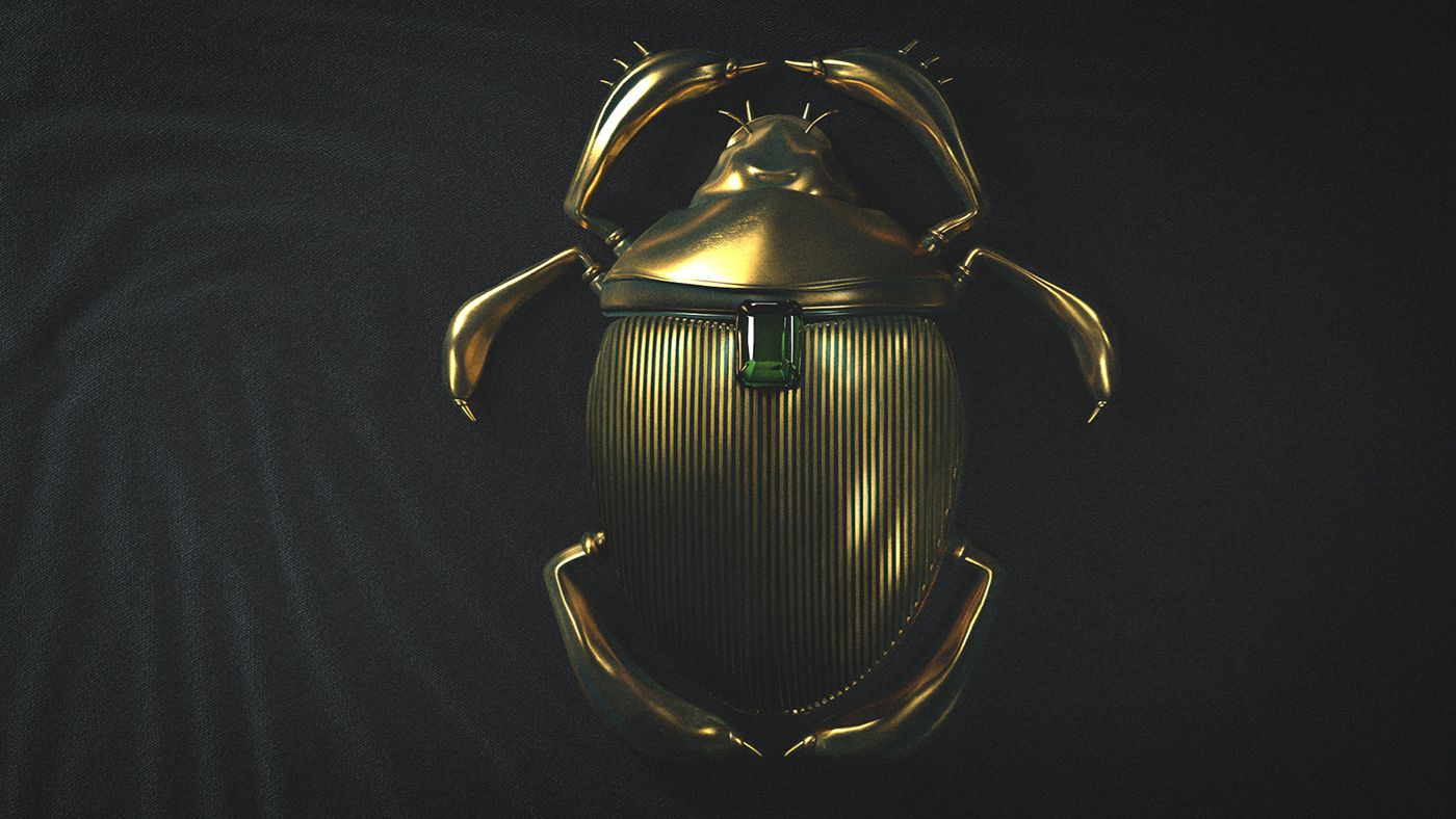 photo-realistic vray 3D render of a golden scarab with an emerald gem on dark fabric surface