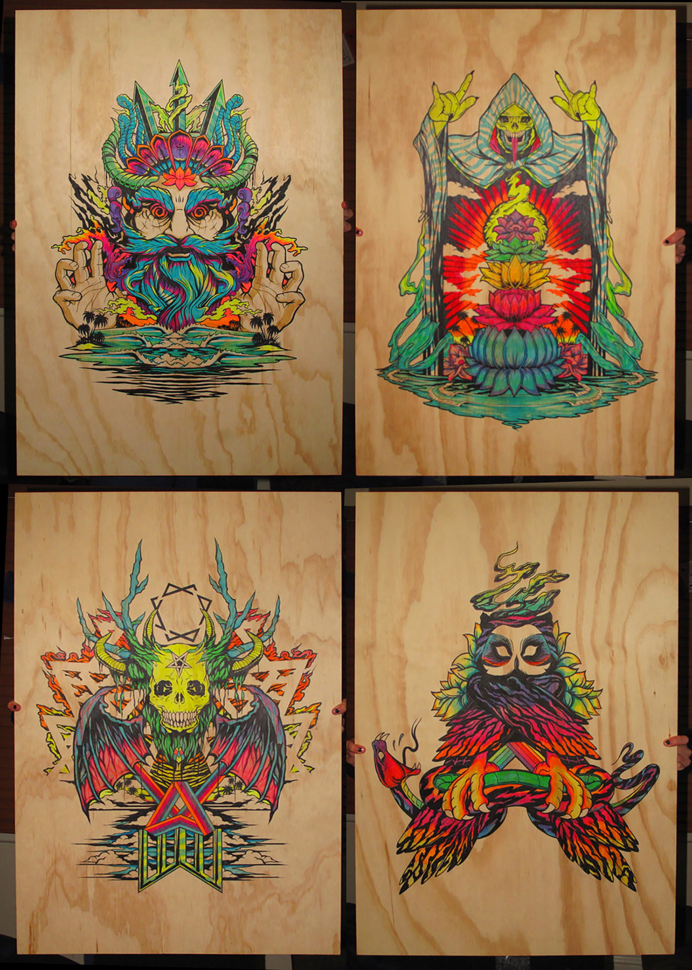 psychadelic acid skate art sharpie highlighter saturated colour colour owl neptune Posiedon grime reaper death skull tokyo japan