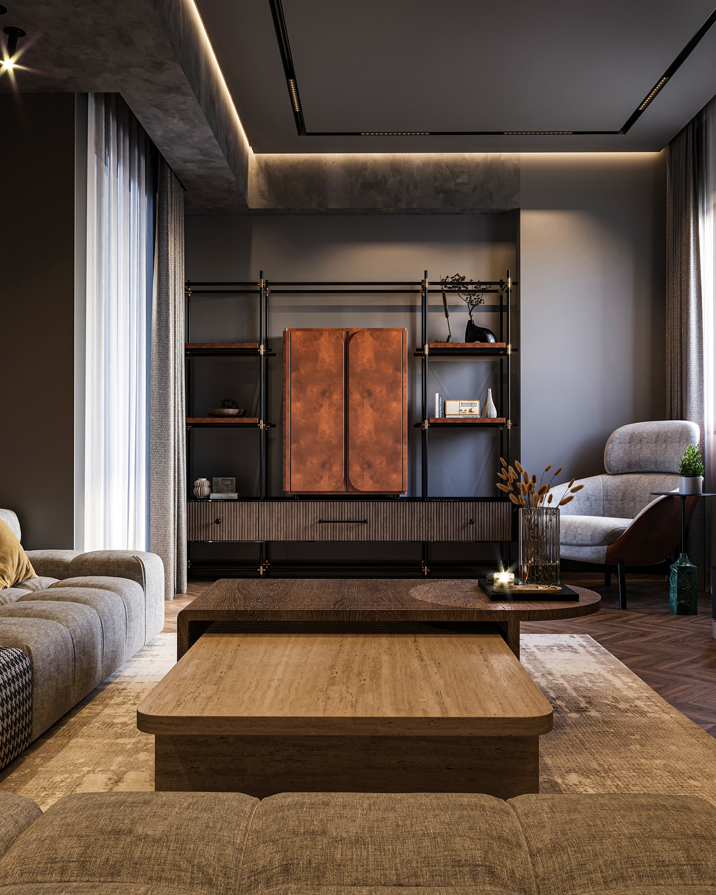 modern Render CGI Classic dark elegant design decorating architecture livingroom