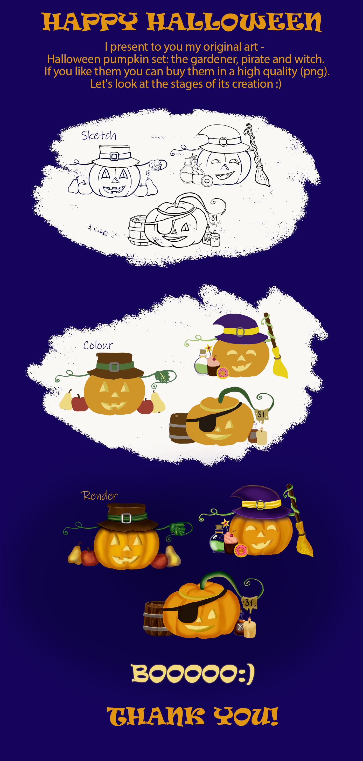 Halloween pumpkin witch pirate gardener Character design  digital illustration png jack flashlight