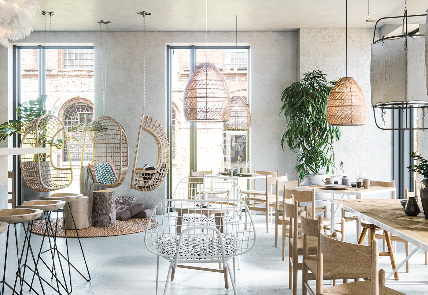 corona renderer 3dsmax interior design  restaurant design textile plants Tropical Scandinavian wood