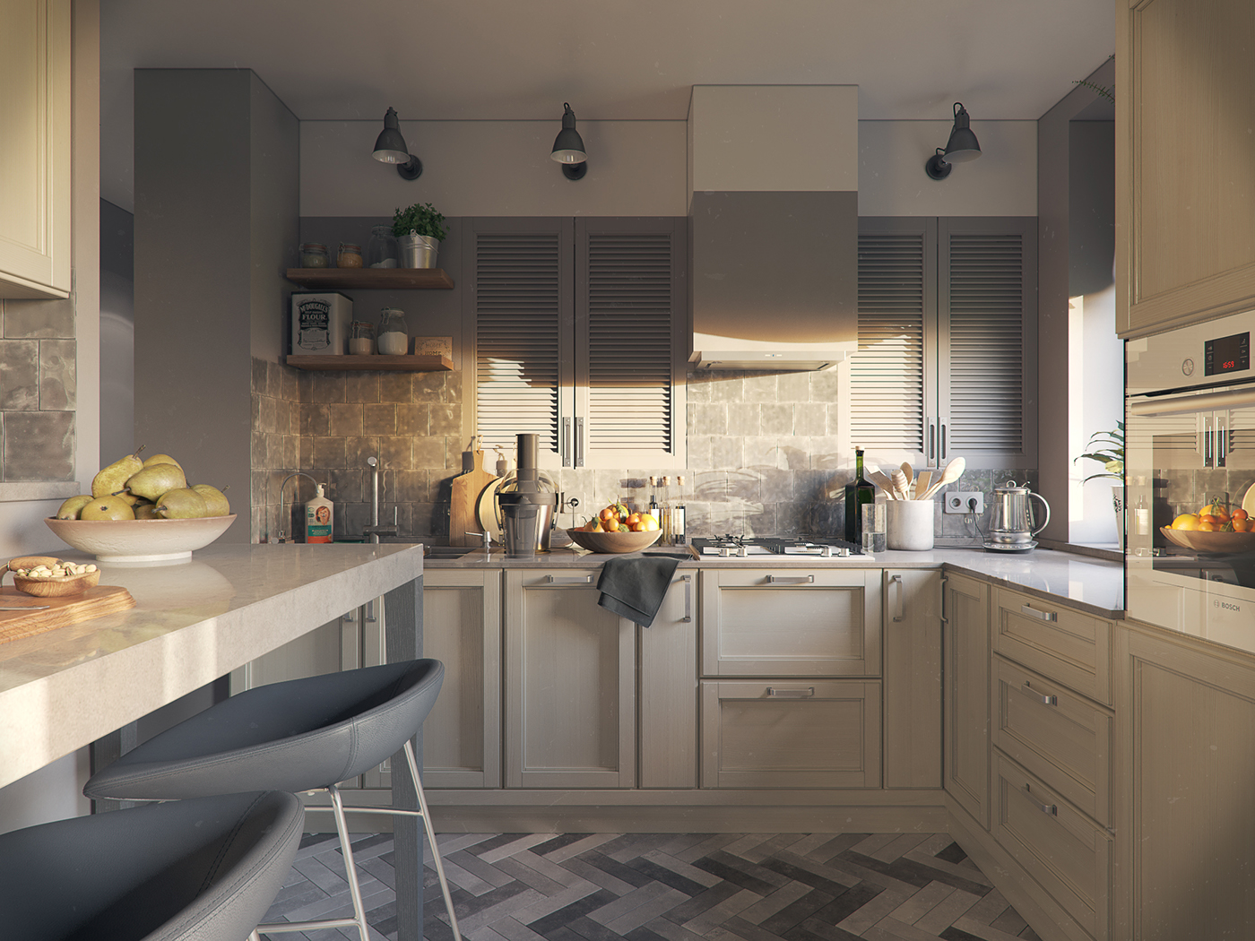 apartment interior design  Interior photorealistic render Scandinavian kitchen bedroom living room 3ds max vray