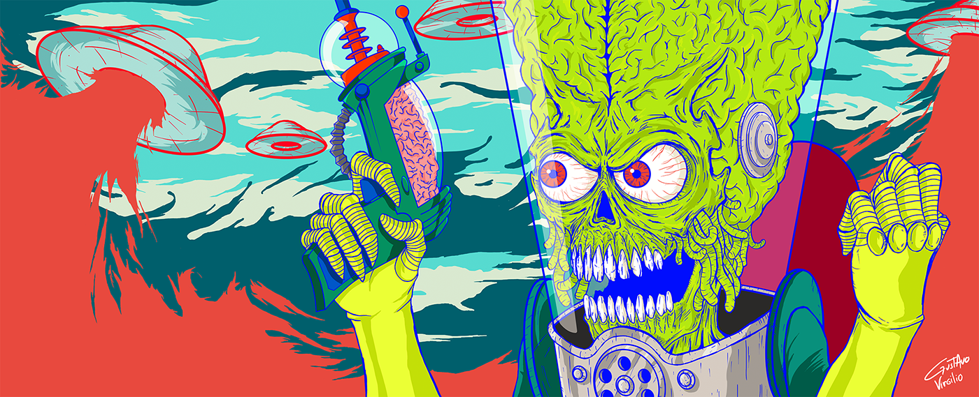 digital illustration mars attacks Tim Burton alien mars UFO linework