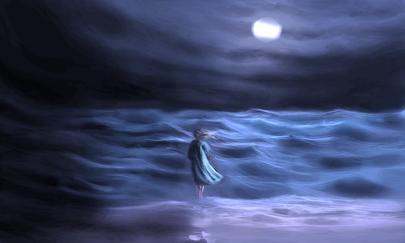 concept art Film   Ocean sea scene girl moon night mystical