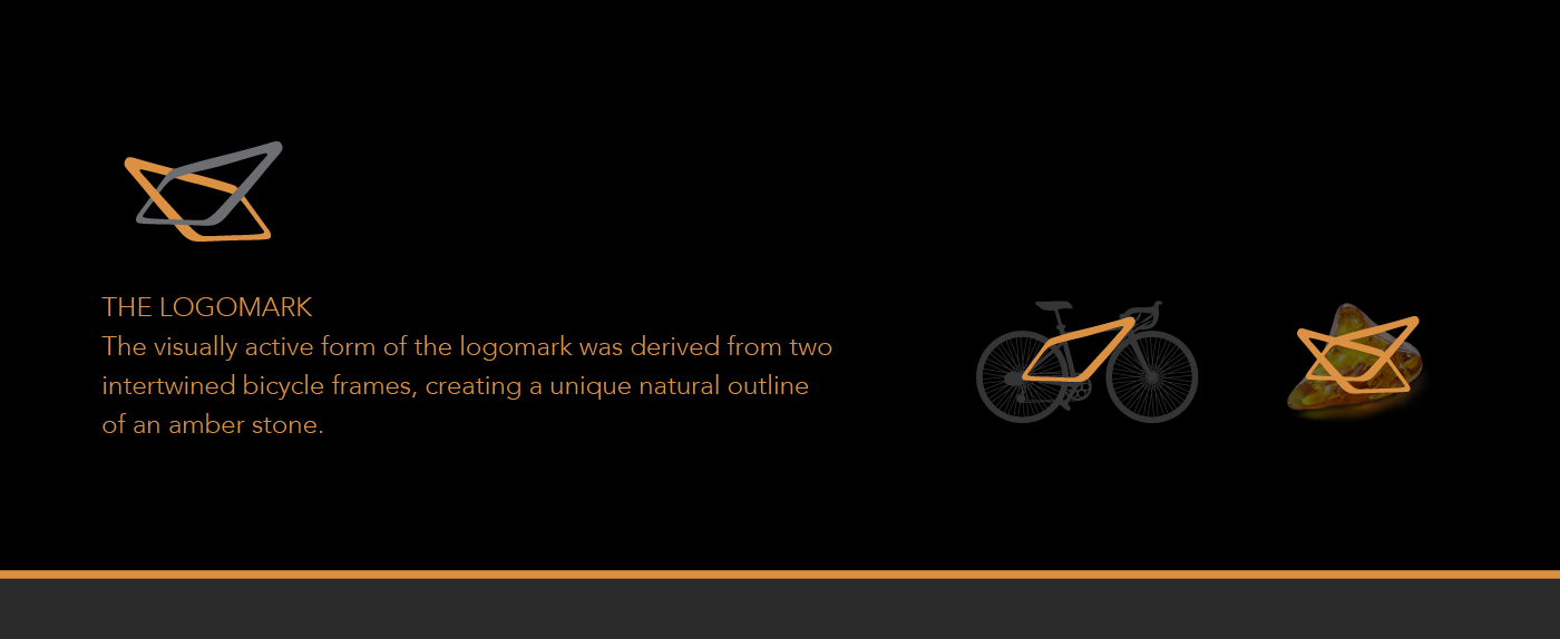 Logomark design from 2 intertwined bicycle frames that form a natural outline of an amber stone
