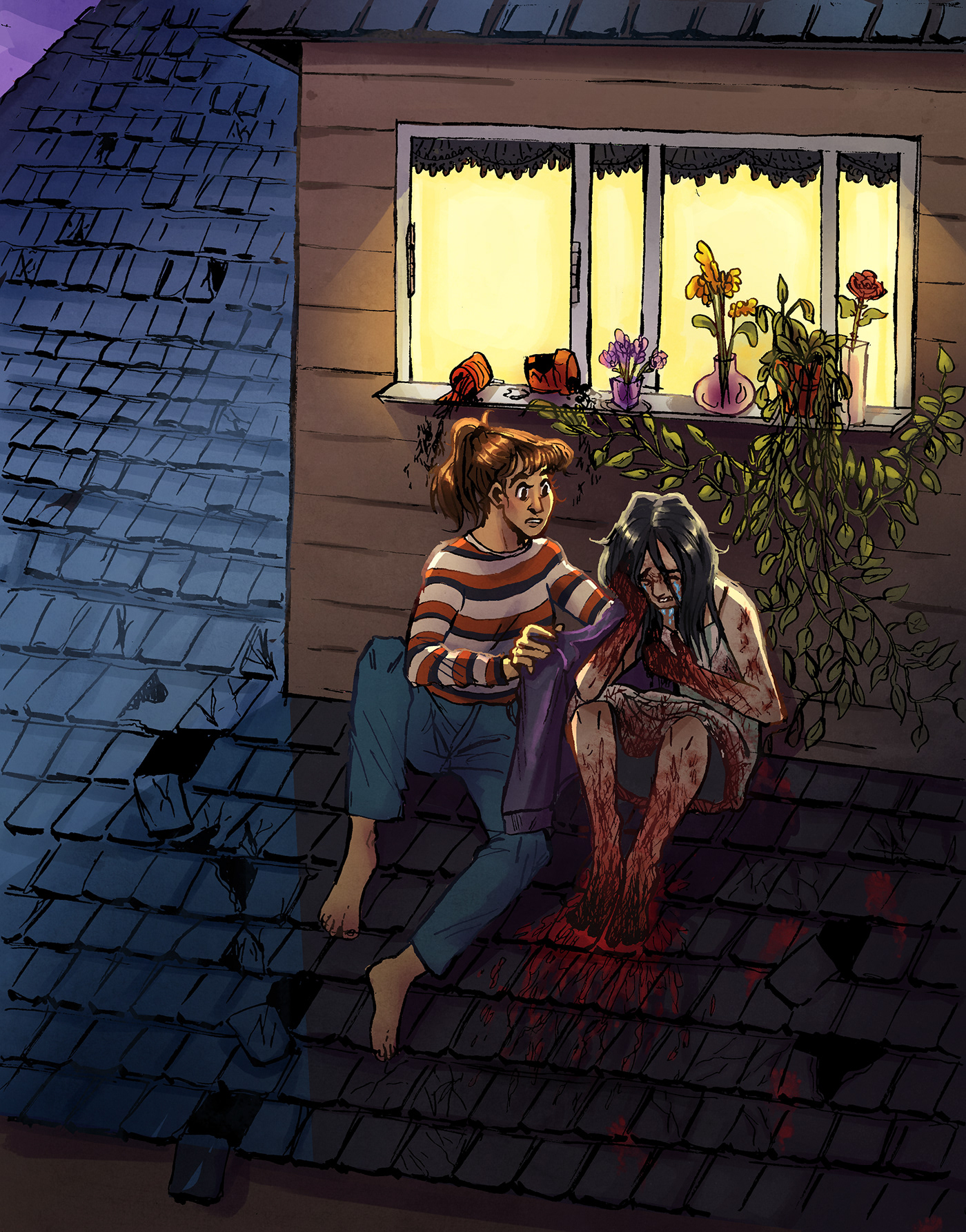 horror blood ILLUSTRATION  ocs characters rooftop 70s occult