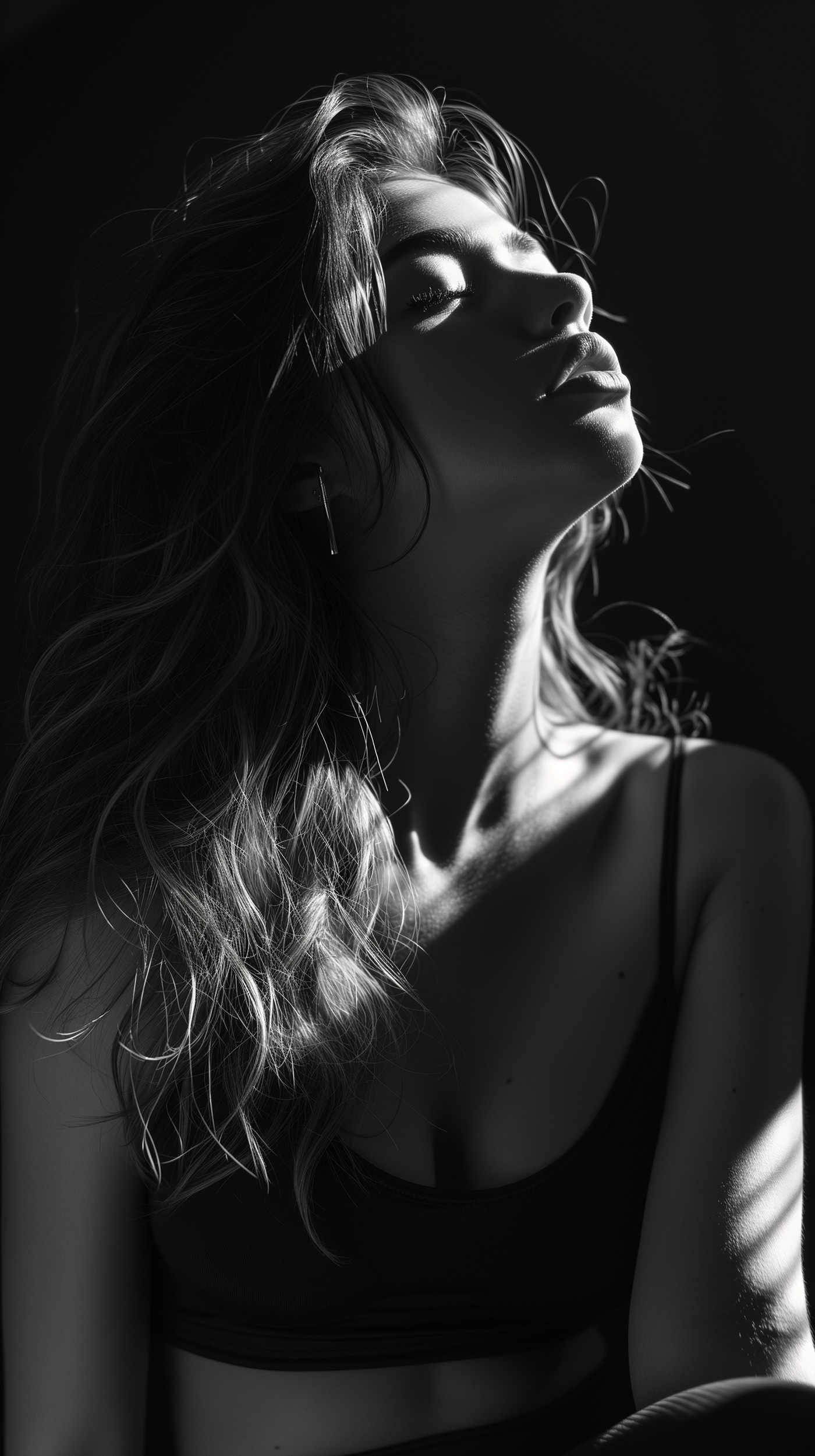 black and white portrait girl model studio long hair lips top chest modeling elegant