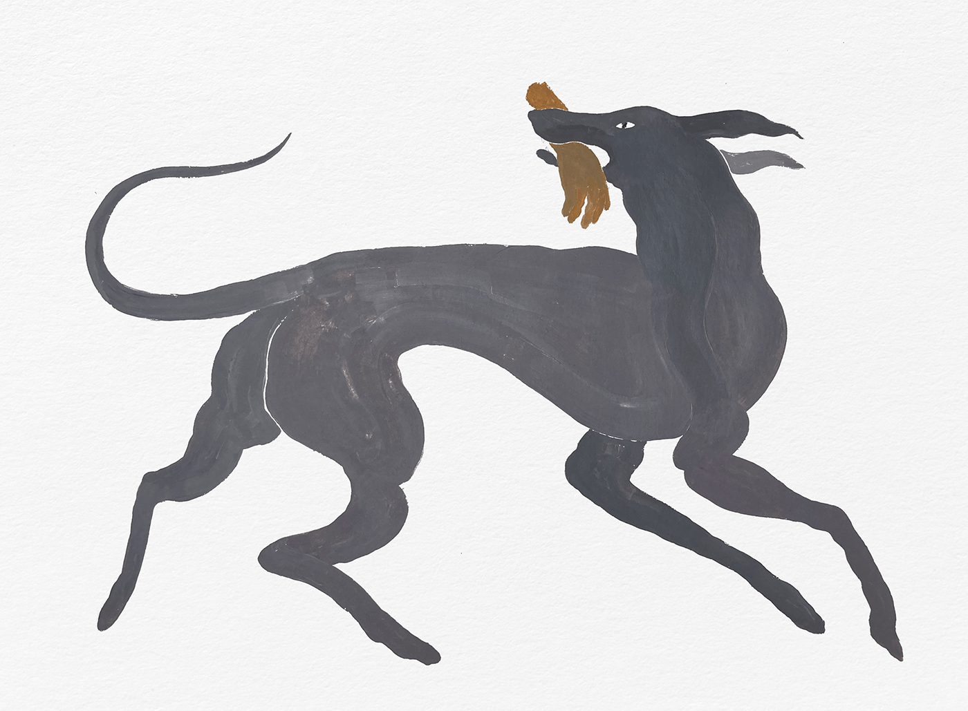 A dog running with a human palms in it's mouth.
