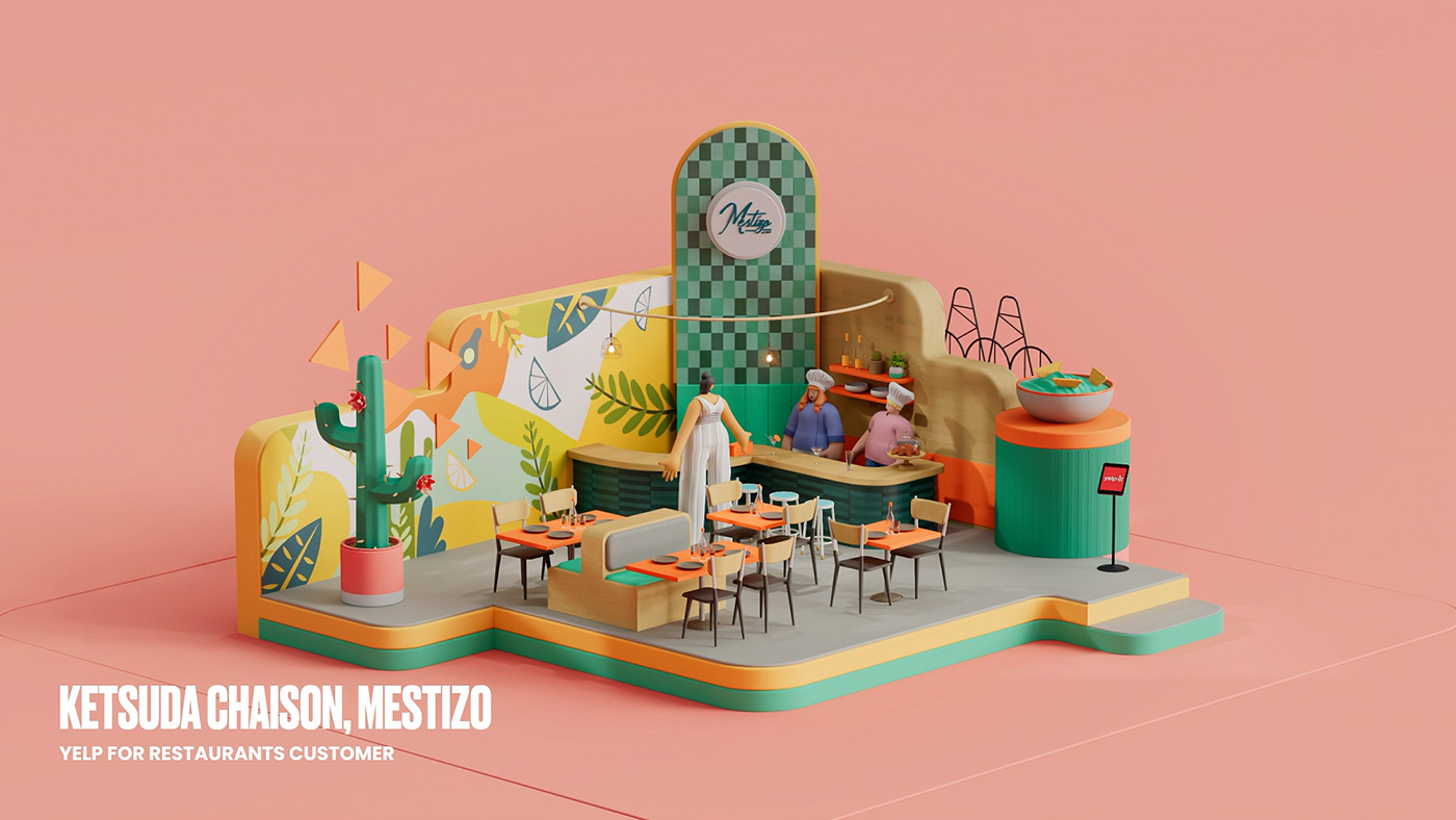 3D art direction  cinema4d design animation  ILLUSTRATION  restaurante set design  Yelp redshift