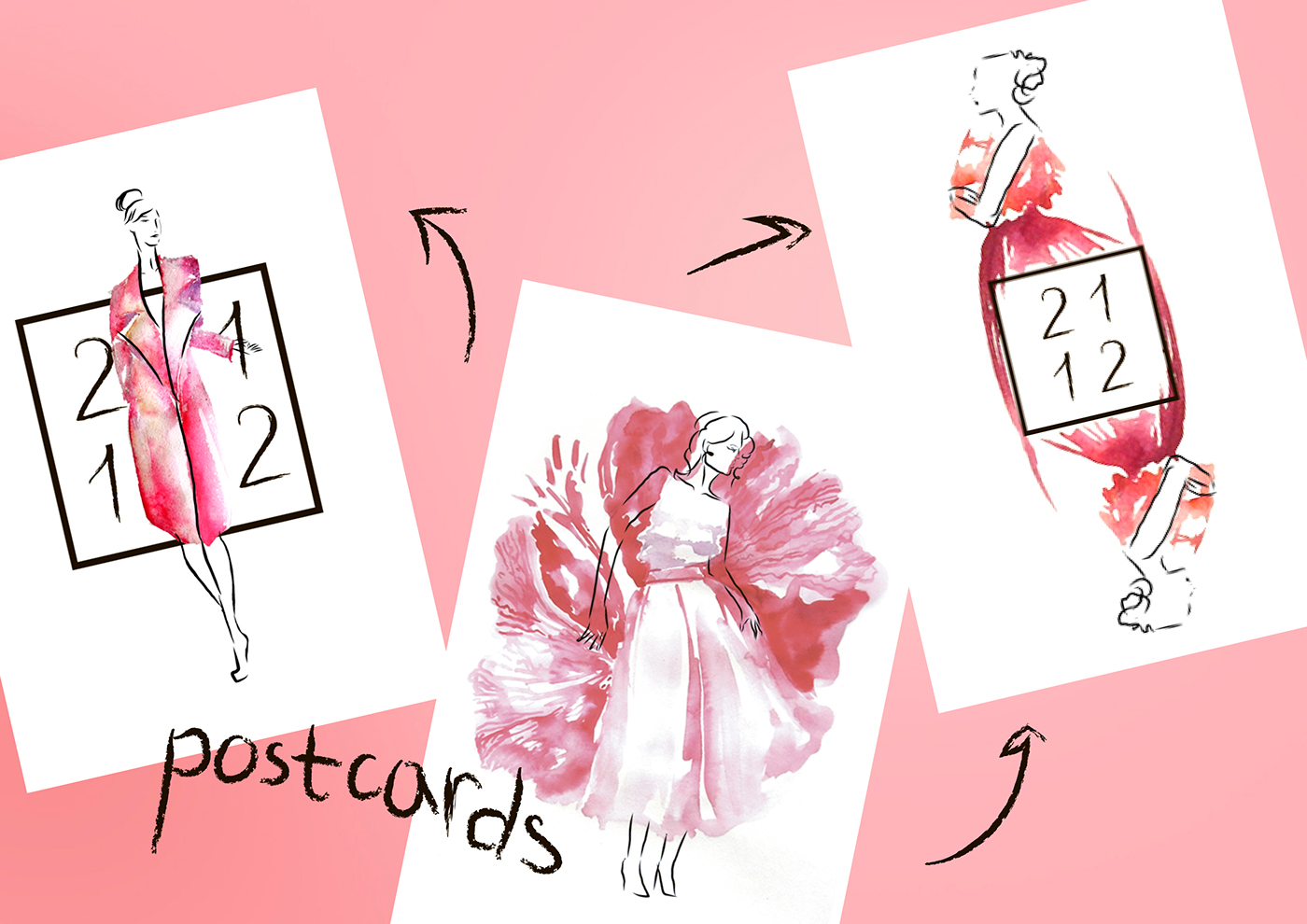 identify illustrations ILLUSTRATION  hand watercolor pastel black White pink postcard Fashion  design graphic polygraphy