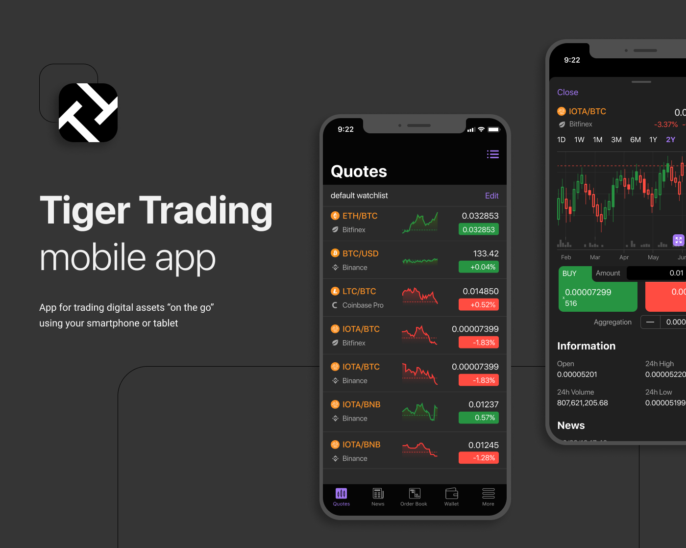 Mobile trading app for digital assets.