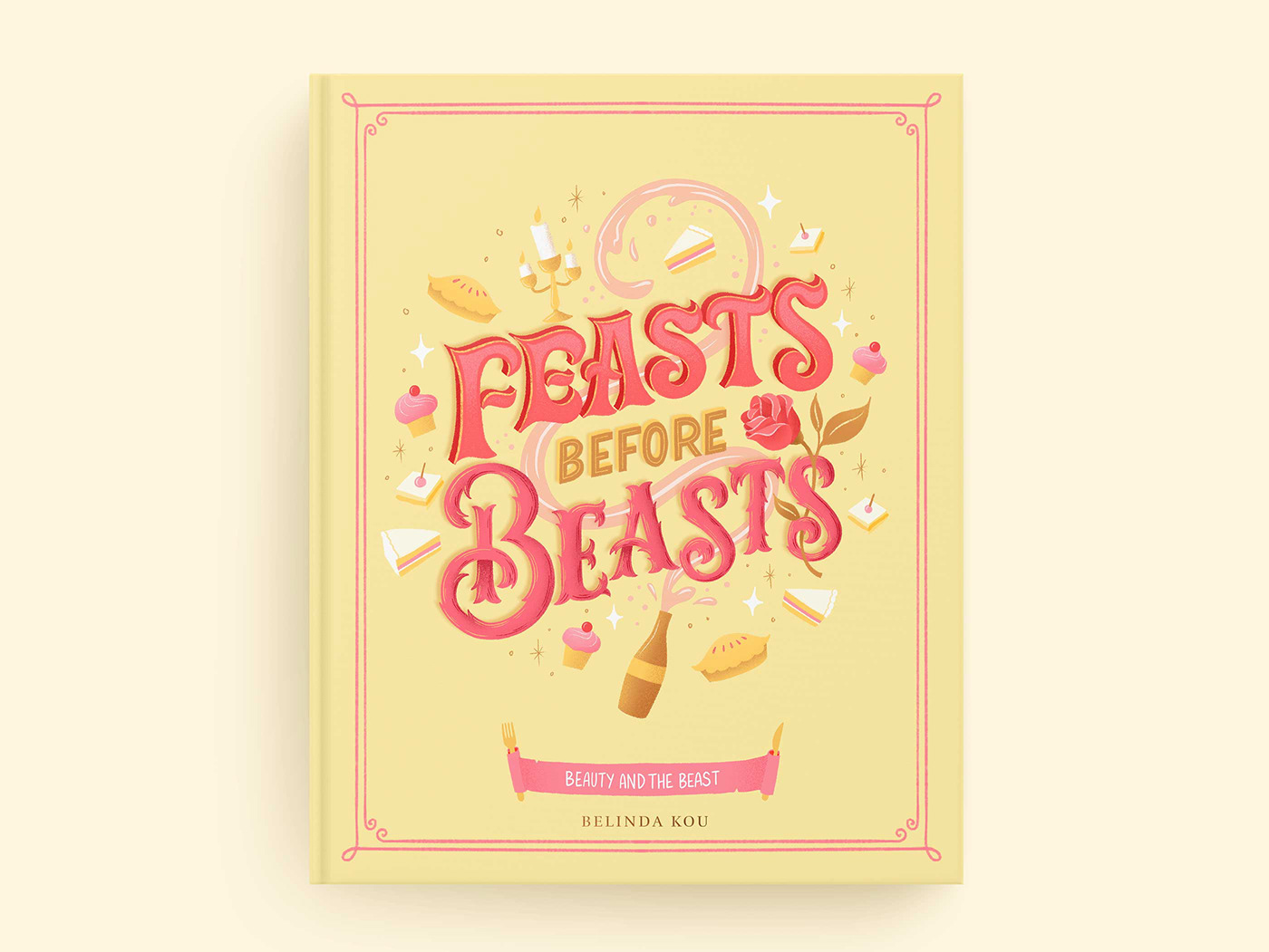 Beauty and the Beast book cover art featuring hand lettering and illustrations of fairy tale 