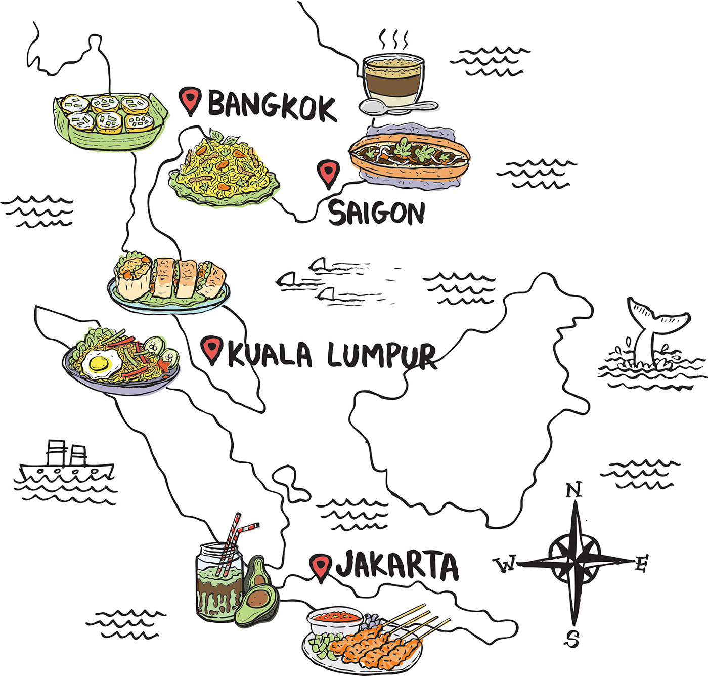 Kev Gahan Food Map Of South East Asia For Lulke Nguyen Illustrated Map Map Illustration