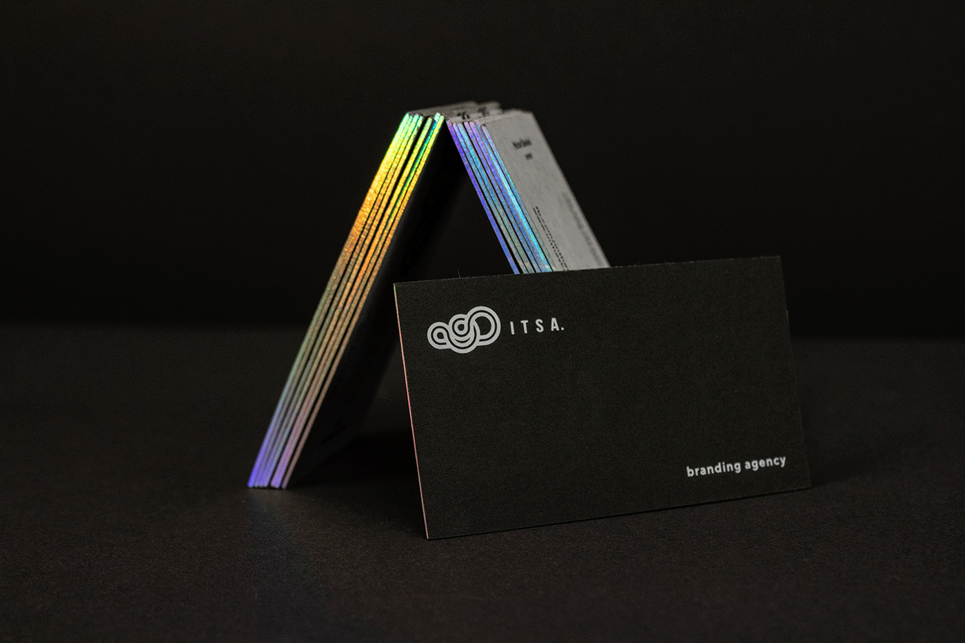 Business Cards minimal holographic holography foil hotstamping black graphic design  creative agency grey colorful