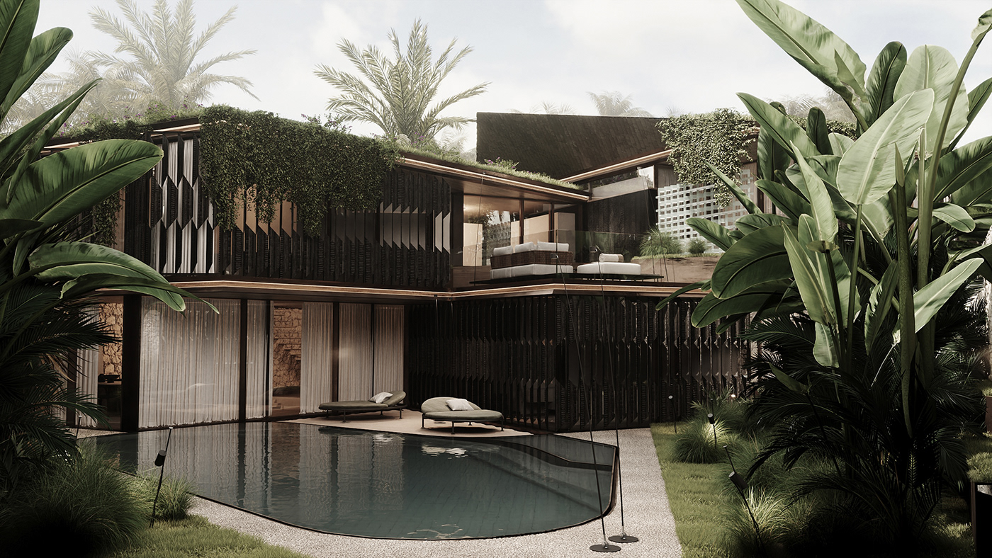 bali High End wood Villas luxury Tropical house Pool Corten