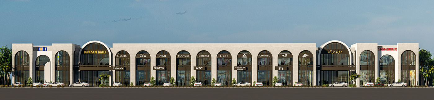architecture archviz design exterior mall modern restaurants Retail Shops visualization