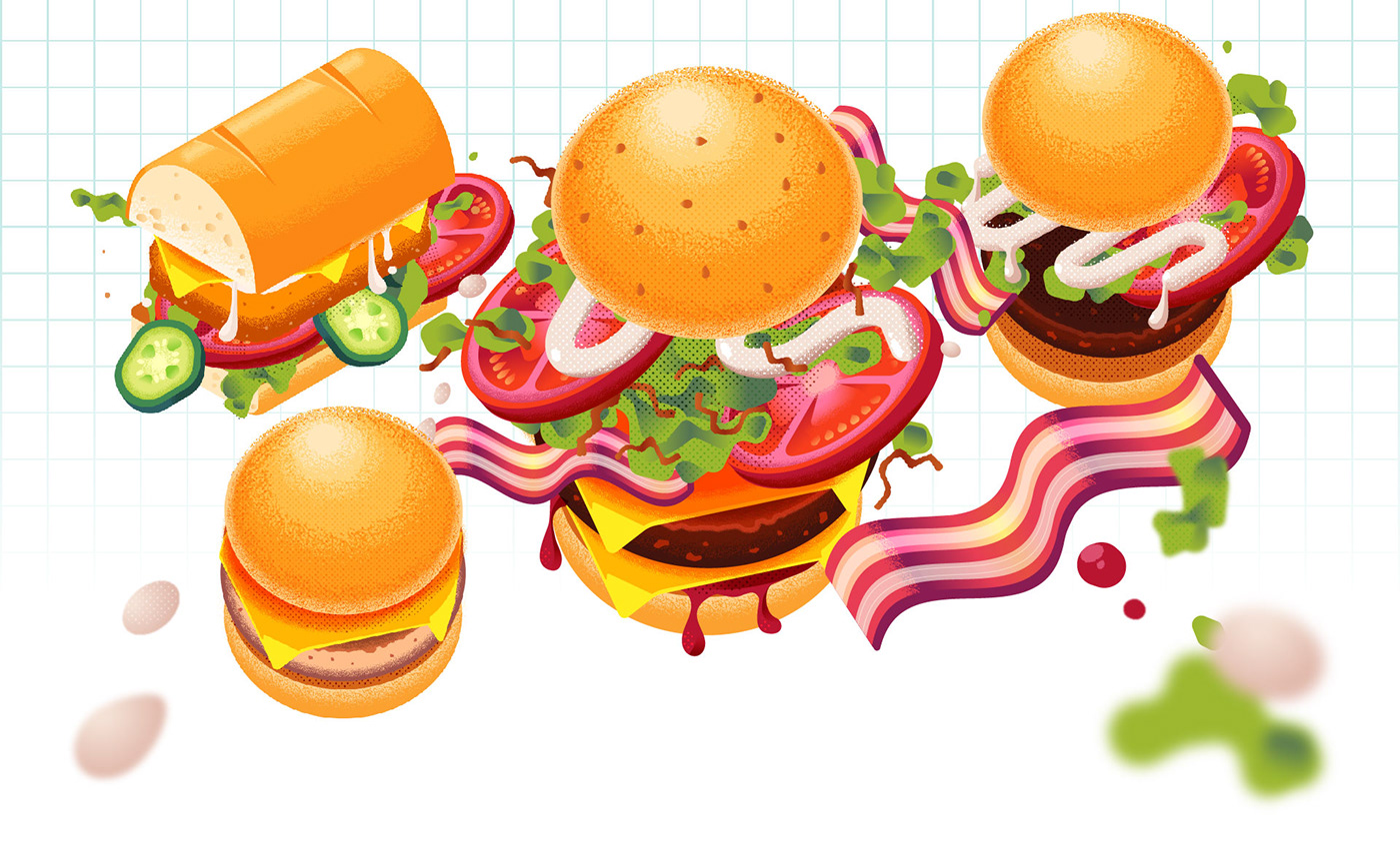 burger sandwich restaurant vector digital illustration editorial infographic Ilustração Alimentos texture