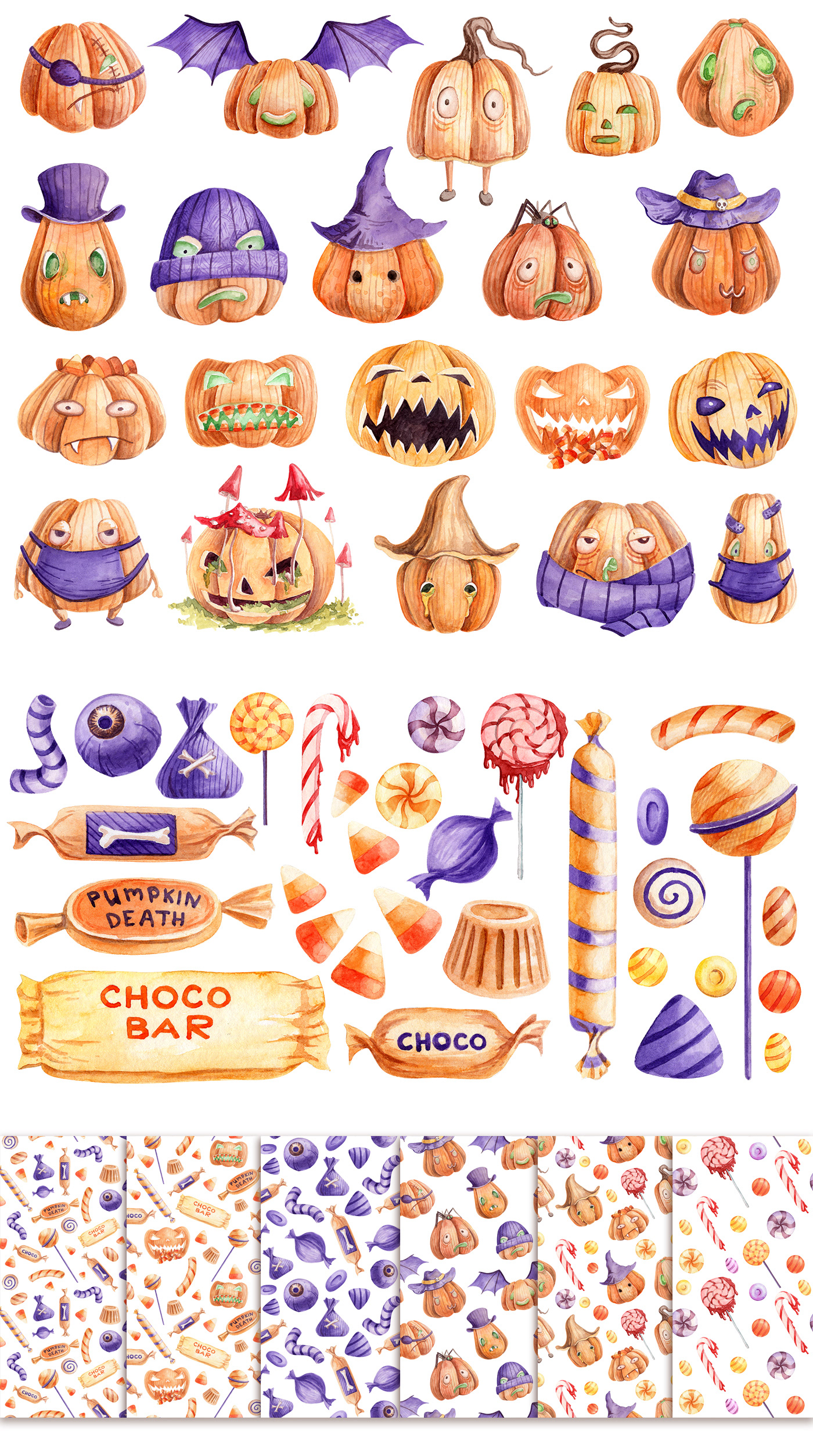 carving clip art Collection face funny Halloween icons Jack o Lantern pumpkin seamless pattern