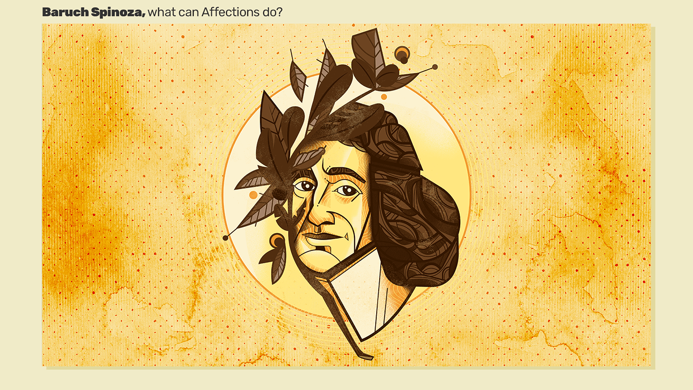 Illustration of Spinoza's face with the left half overlaid by branches