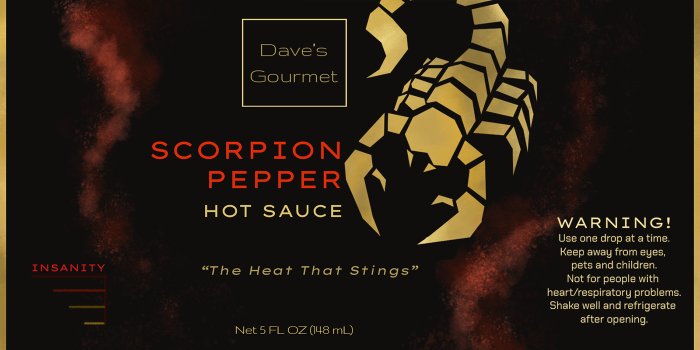 black concept gold hot sauce Label packaging design product rebranding scorpion spicy