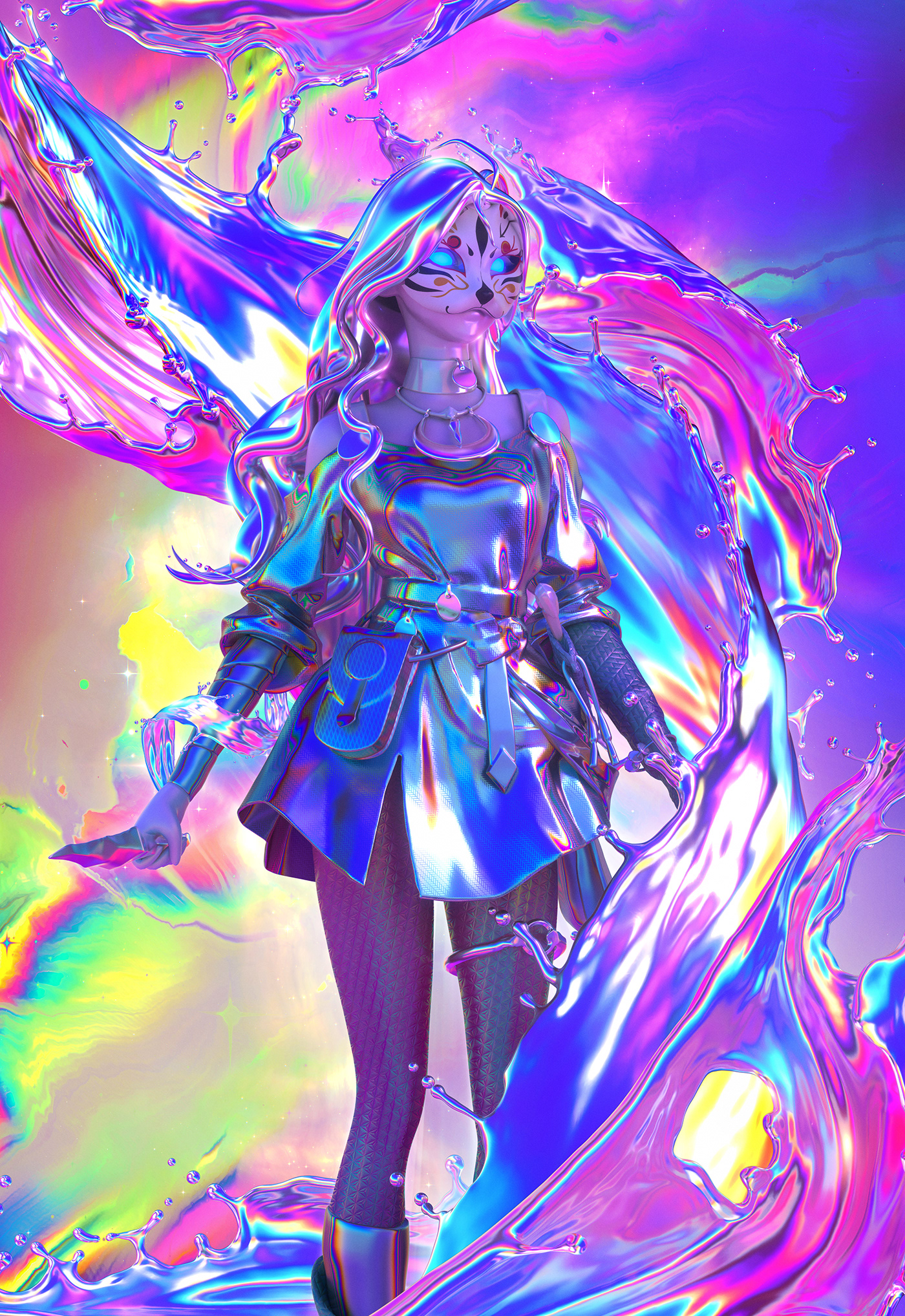 iridescent fluid Character design  Digital Art  ILLUSTRATION  rainbow FOX cute digital illustration octane