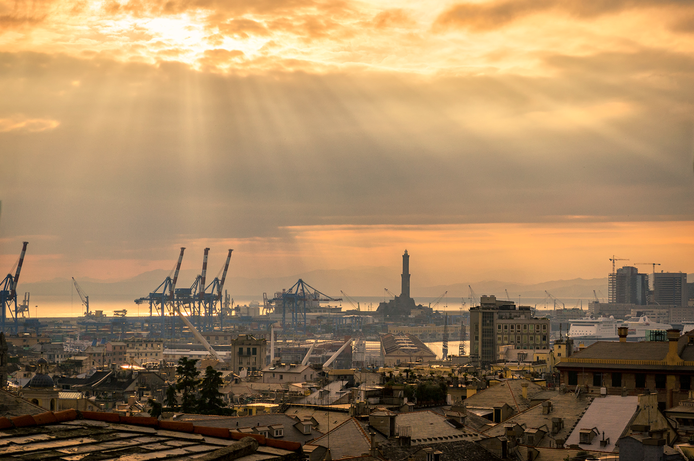 genoa city sunset cityscape Urban port ray of sun