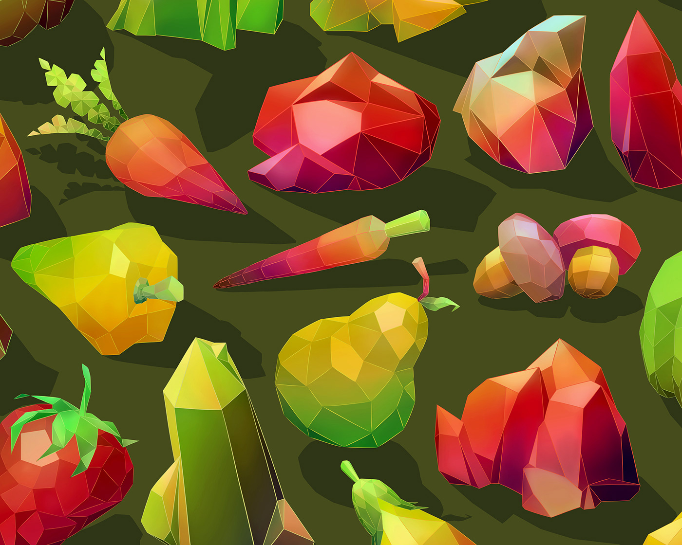 Digital art depicting low-poly 3D crystal fruits in fiery reds, oranges, yellows and greens.