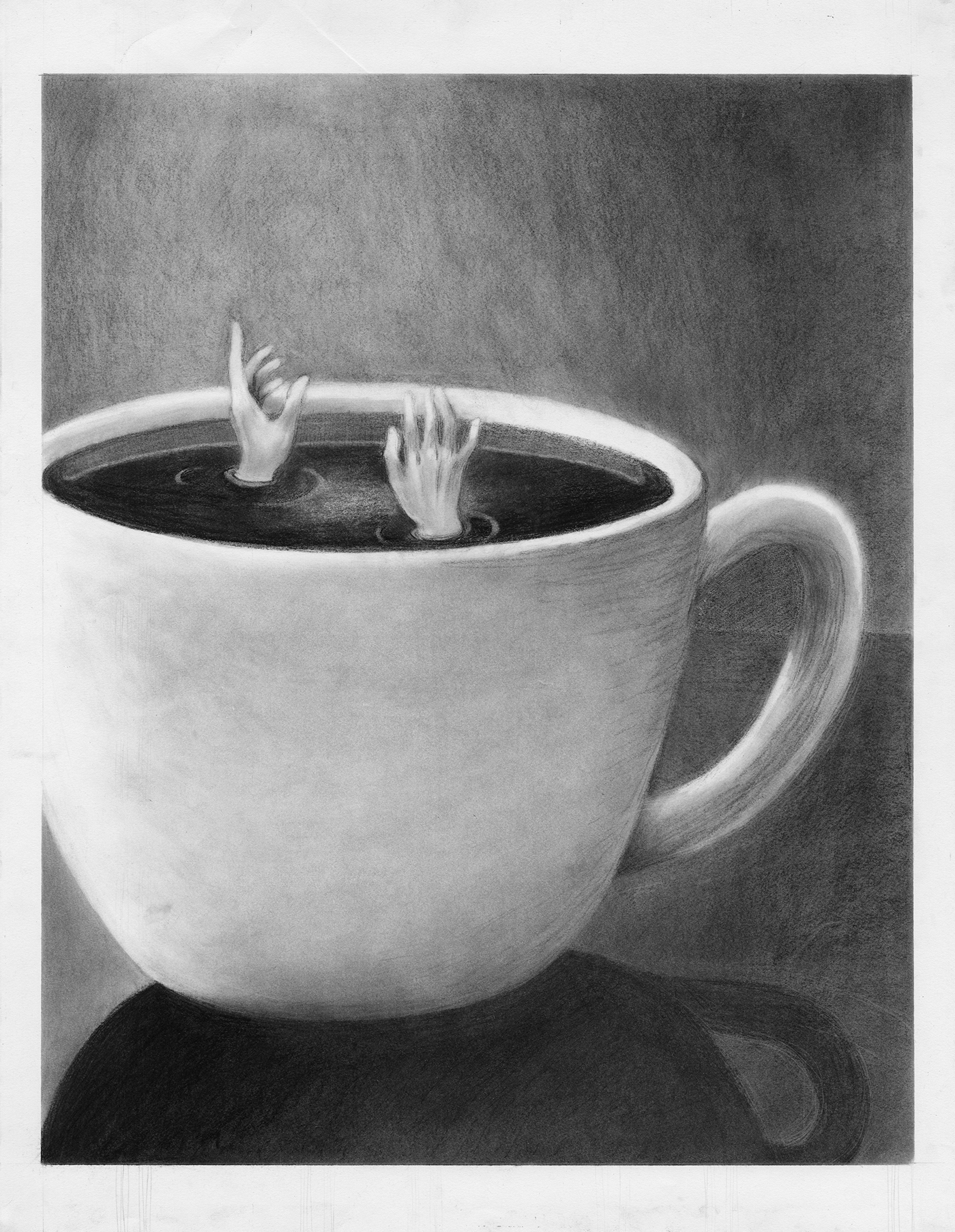 Coffee conte blackandwhite tea Drowning Drawing  ILLUSTRATION  dark
