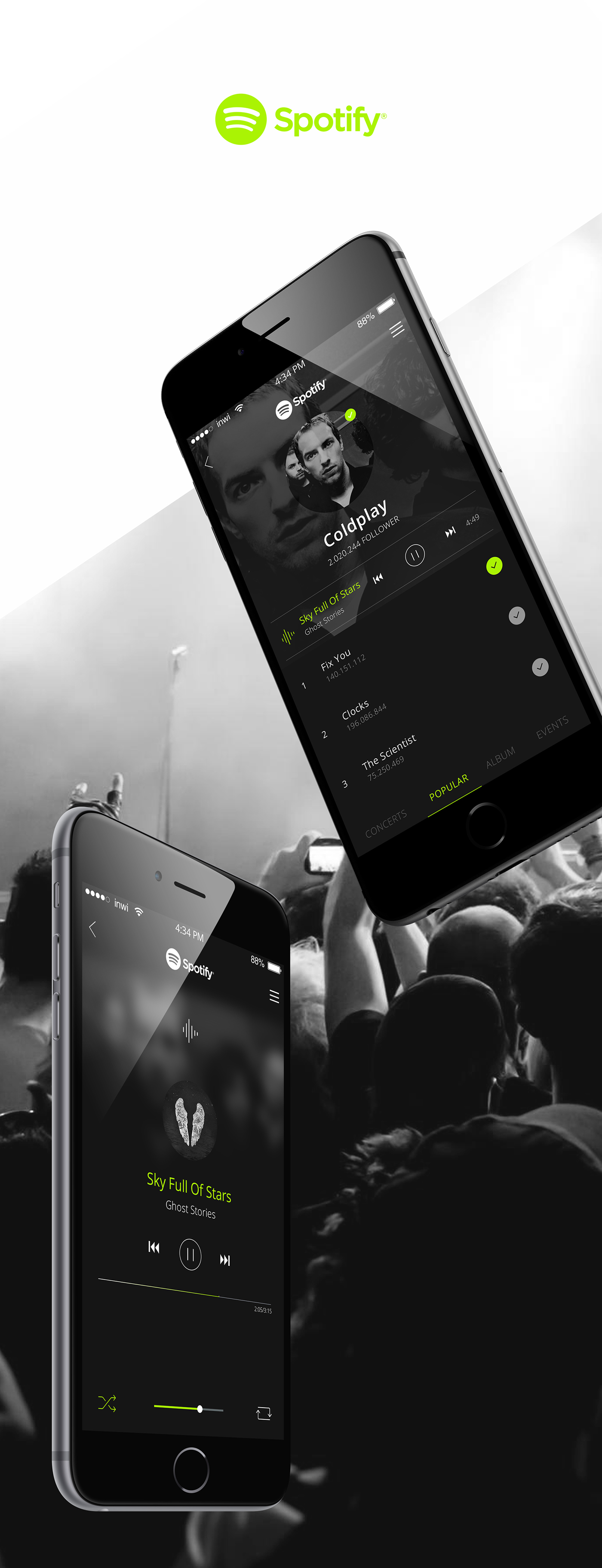 spotify redesign concept Mockup free app ios android material UI ux Interface green flat Coldplay