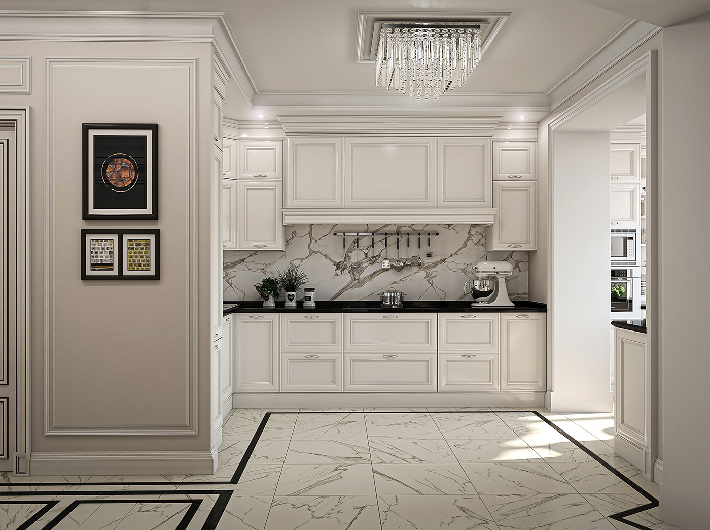 3D Classic design hallway Interior kitchen living room