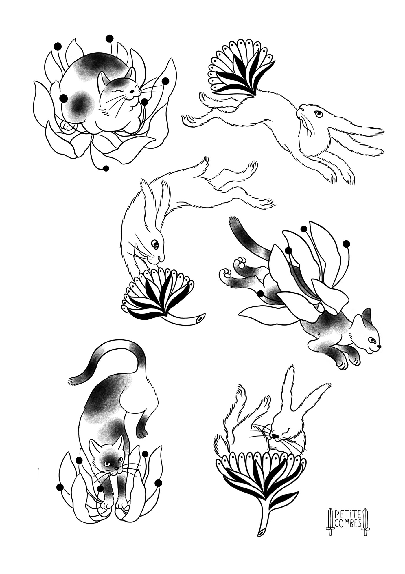 Cat cats Digital Art  Drawing  Flowers ILLUSTRATION  ink rabbit tattoo tattoo flash