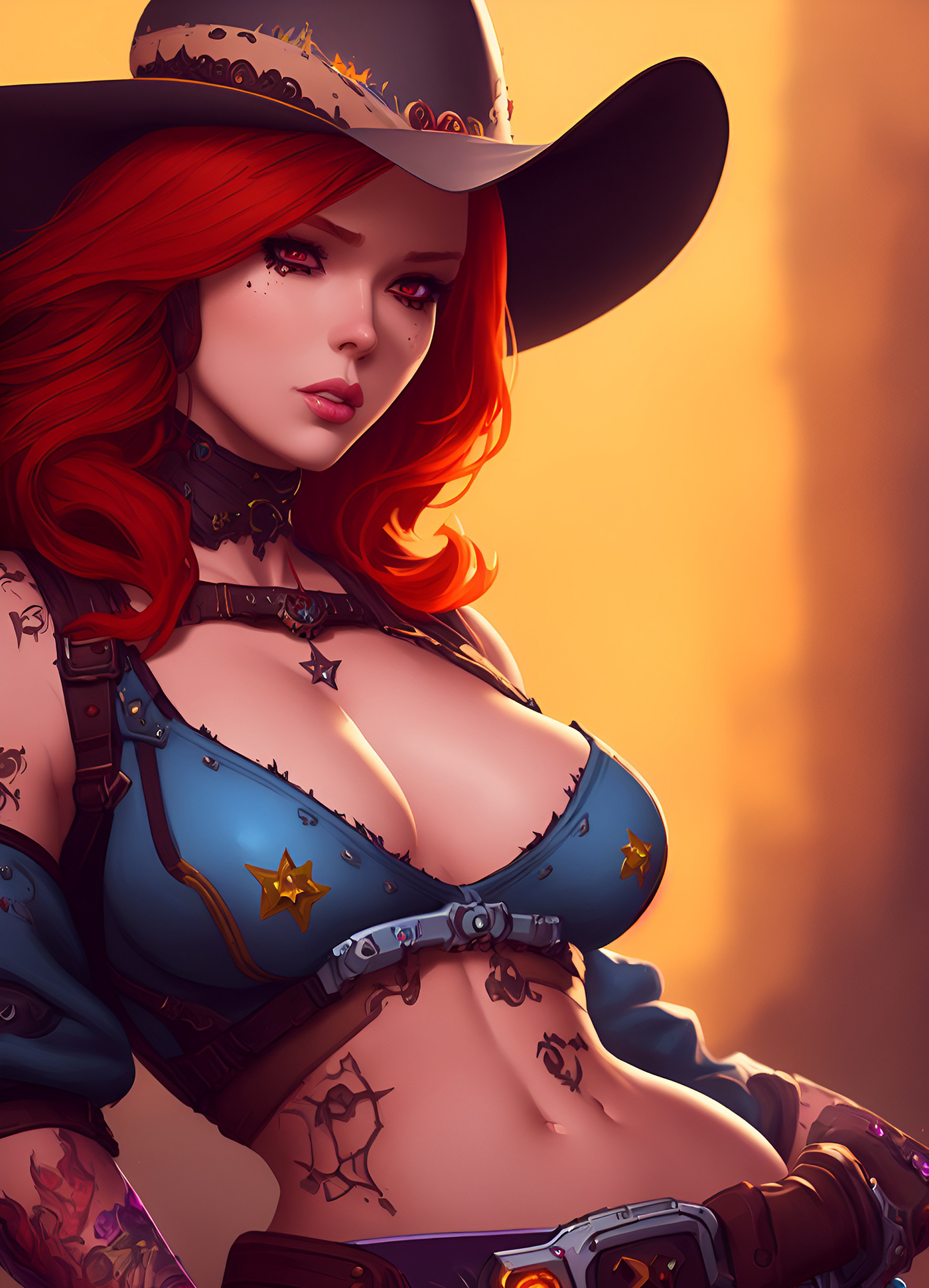 beautiful woman busty colorful cowgirl dramatic redhead sensual sexy tatoos western