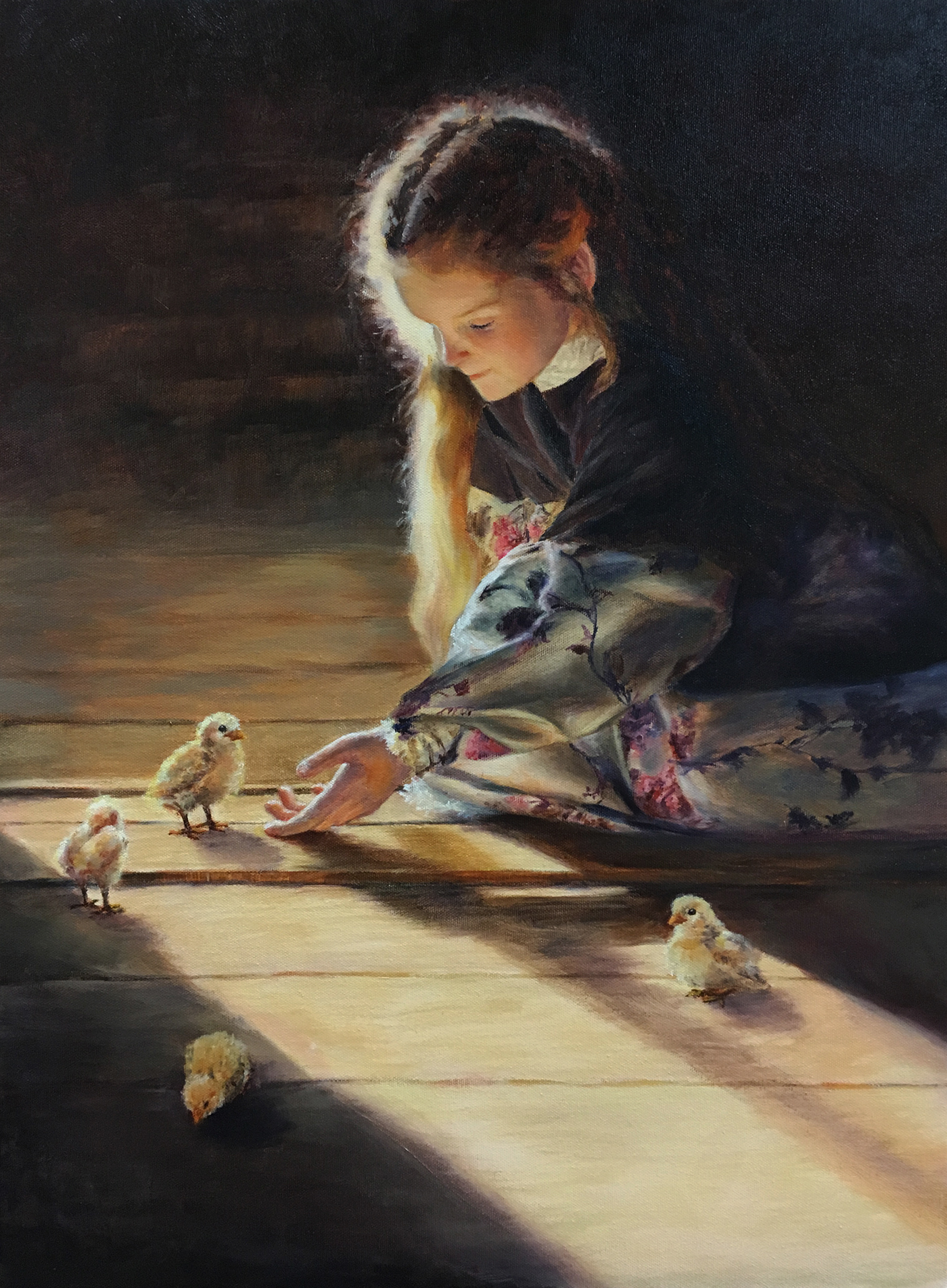 oil painting   child chickens fine art FINEART rim light